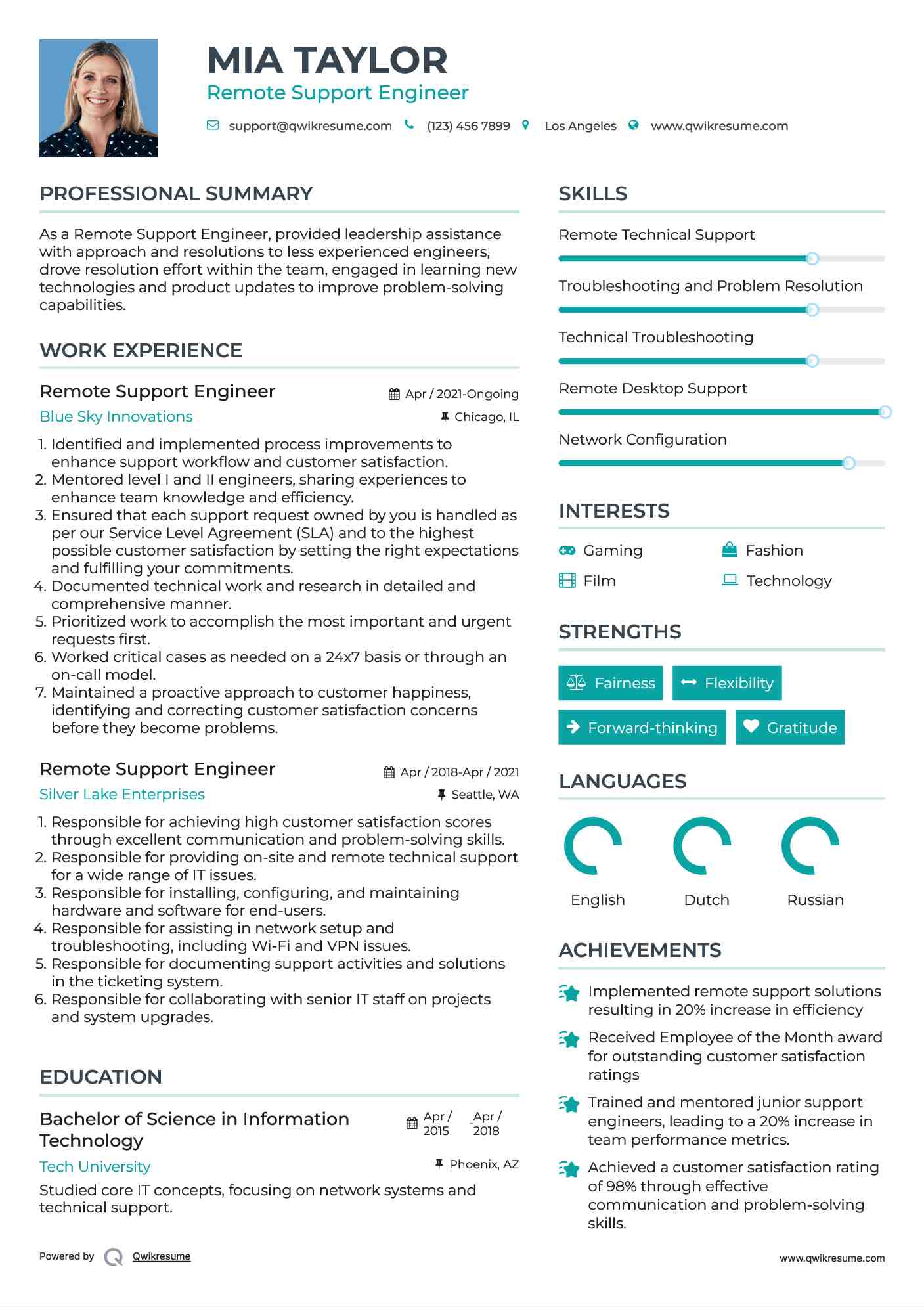 Remote Support Engineer Resume Format