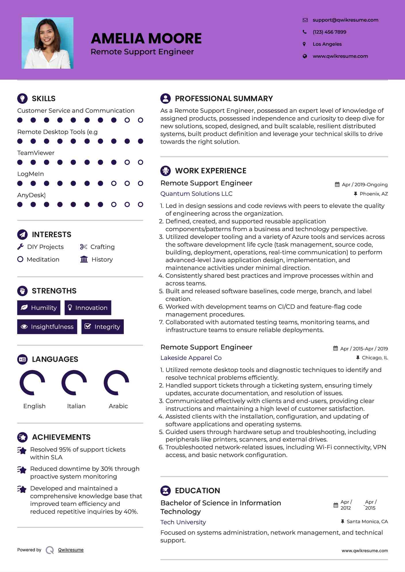 Remote Support Engineer Resume Example