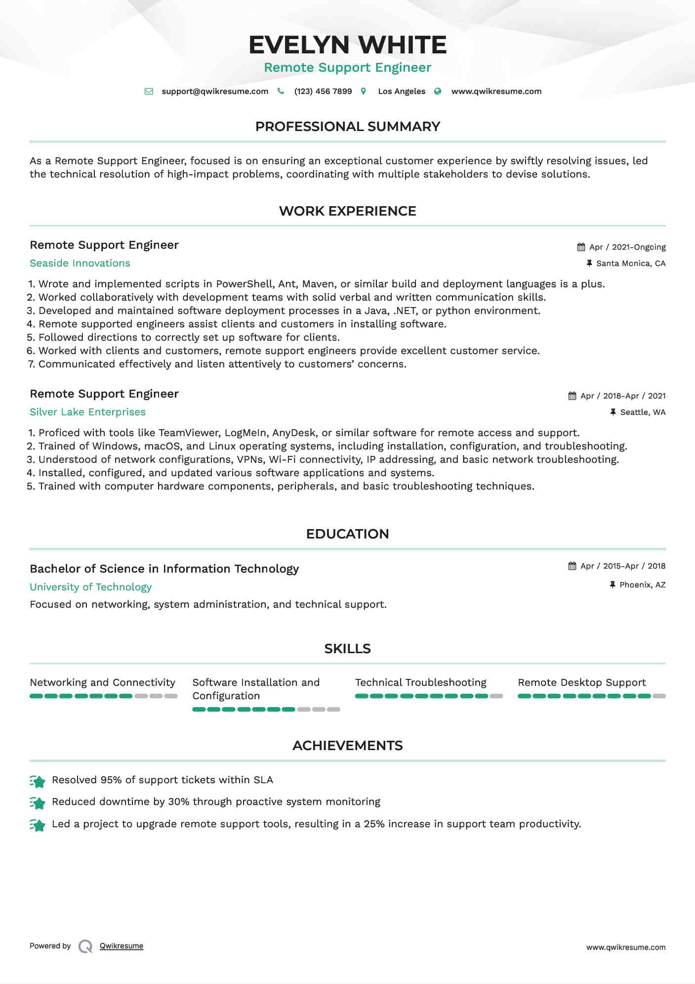 Remote Support Engineer Resume Model