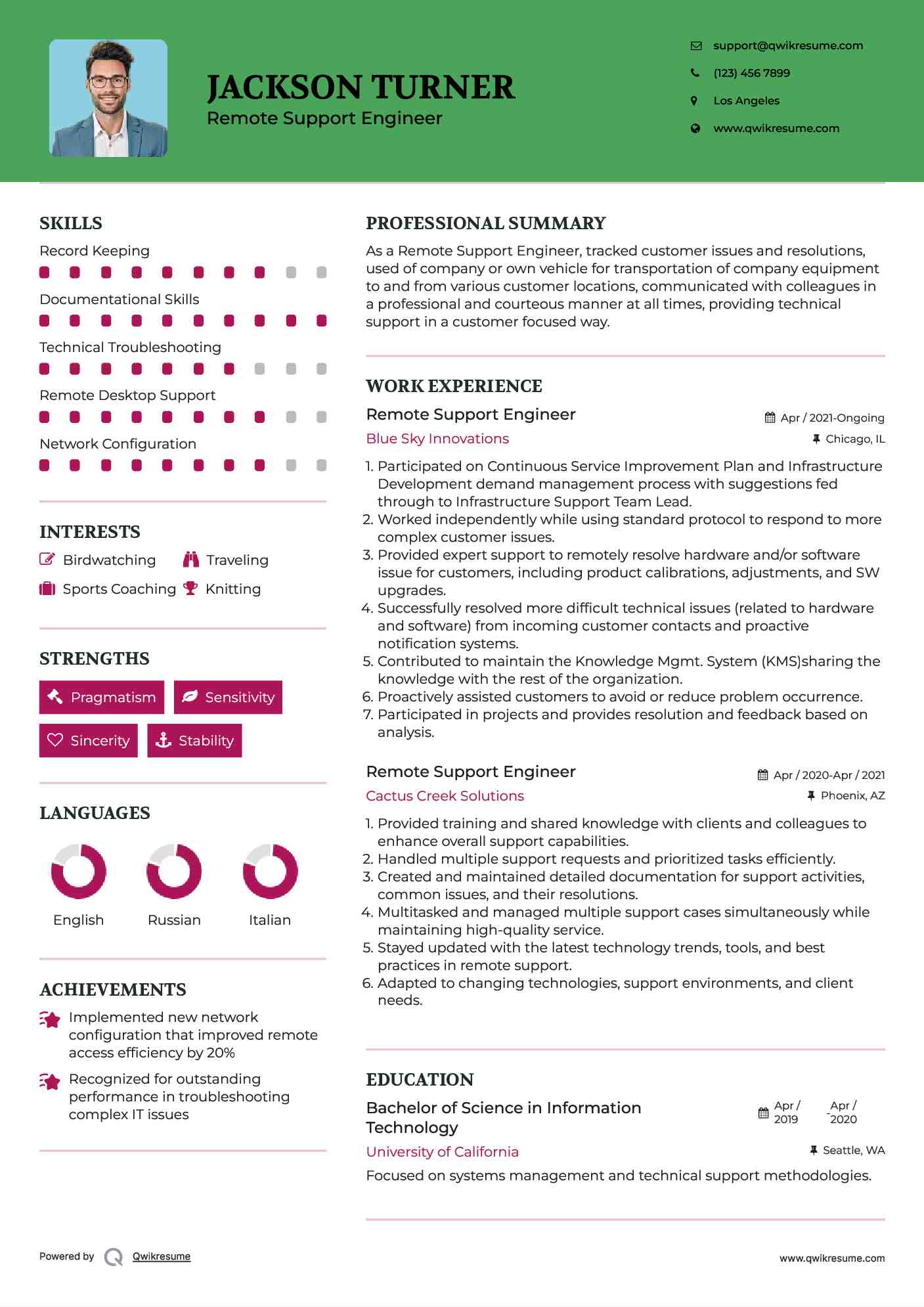 Remote Support Engineer Resume Example