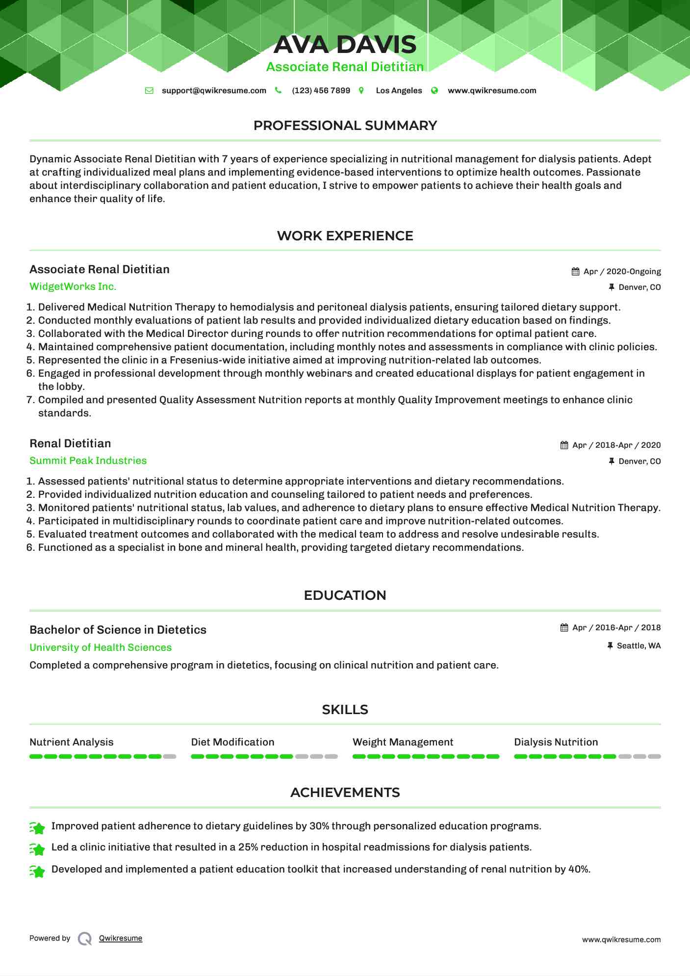 Associate Renal Dietitian Resume Example