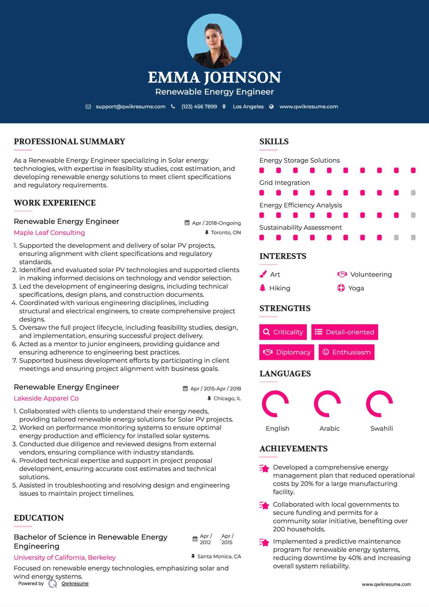 Renewable Energy Engineer Resume Example