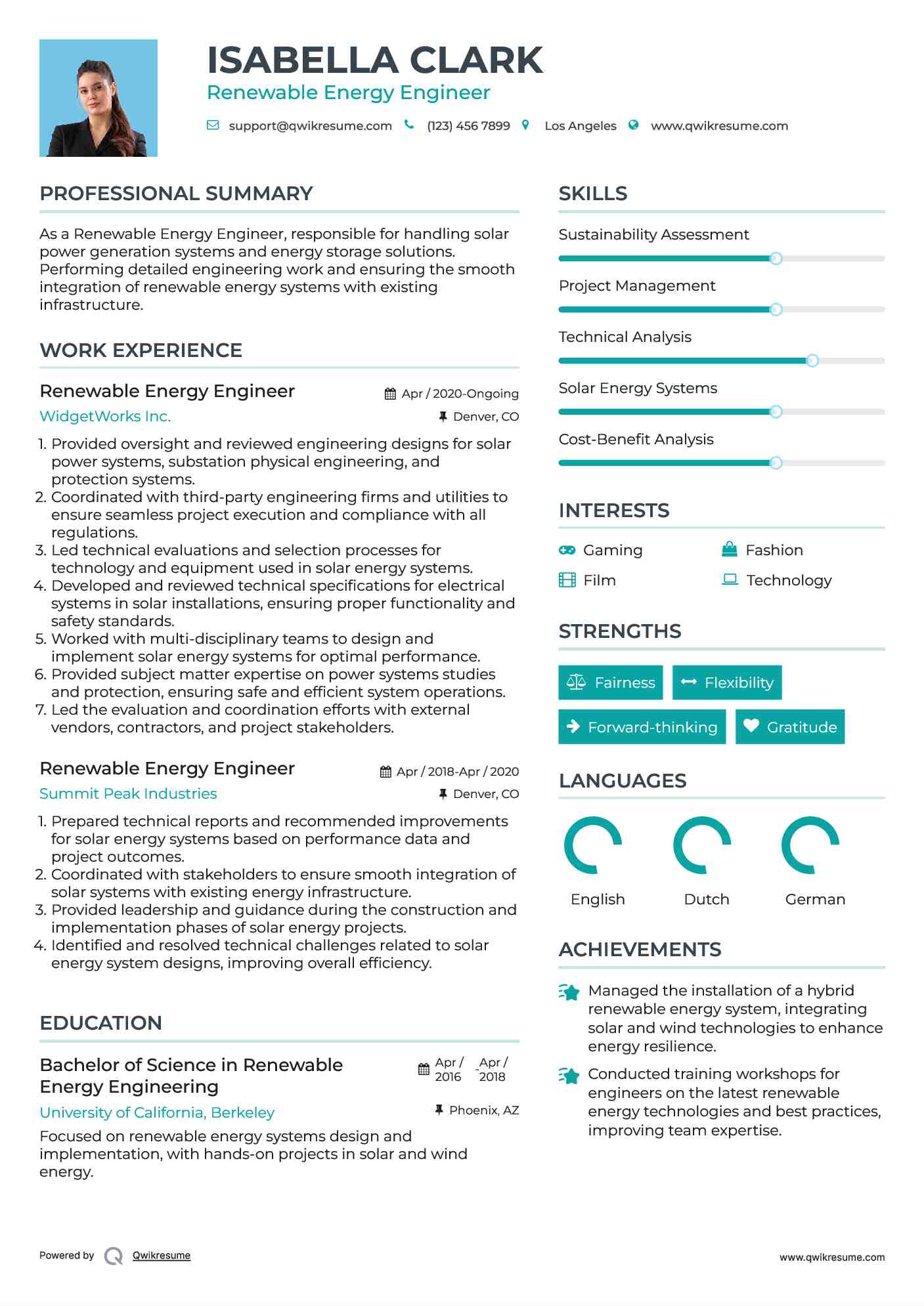 Renewable Energy Engineer Resume Example