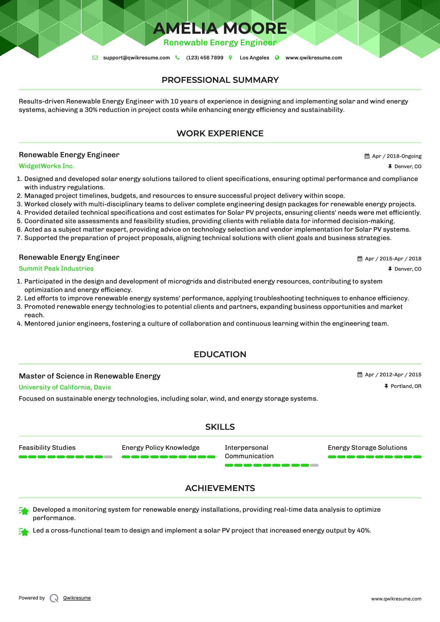 Renewable Energy Engineer Resume Example