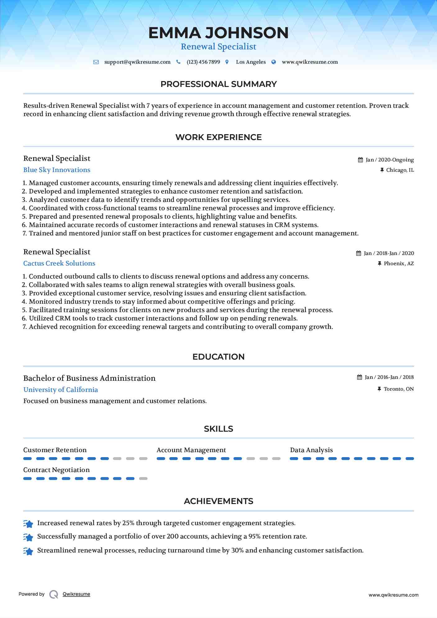 Renewal Specialist Resume Model