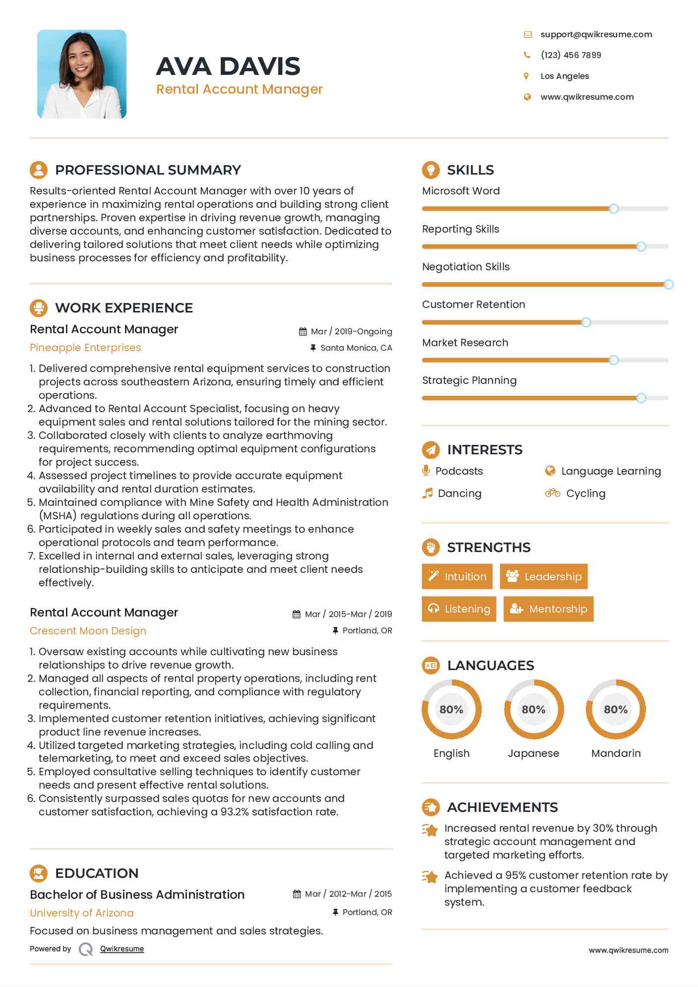 Rental Account Manager Resume Sample