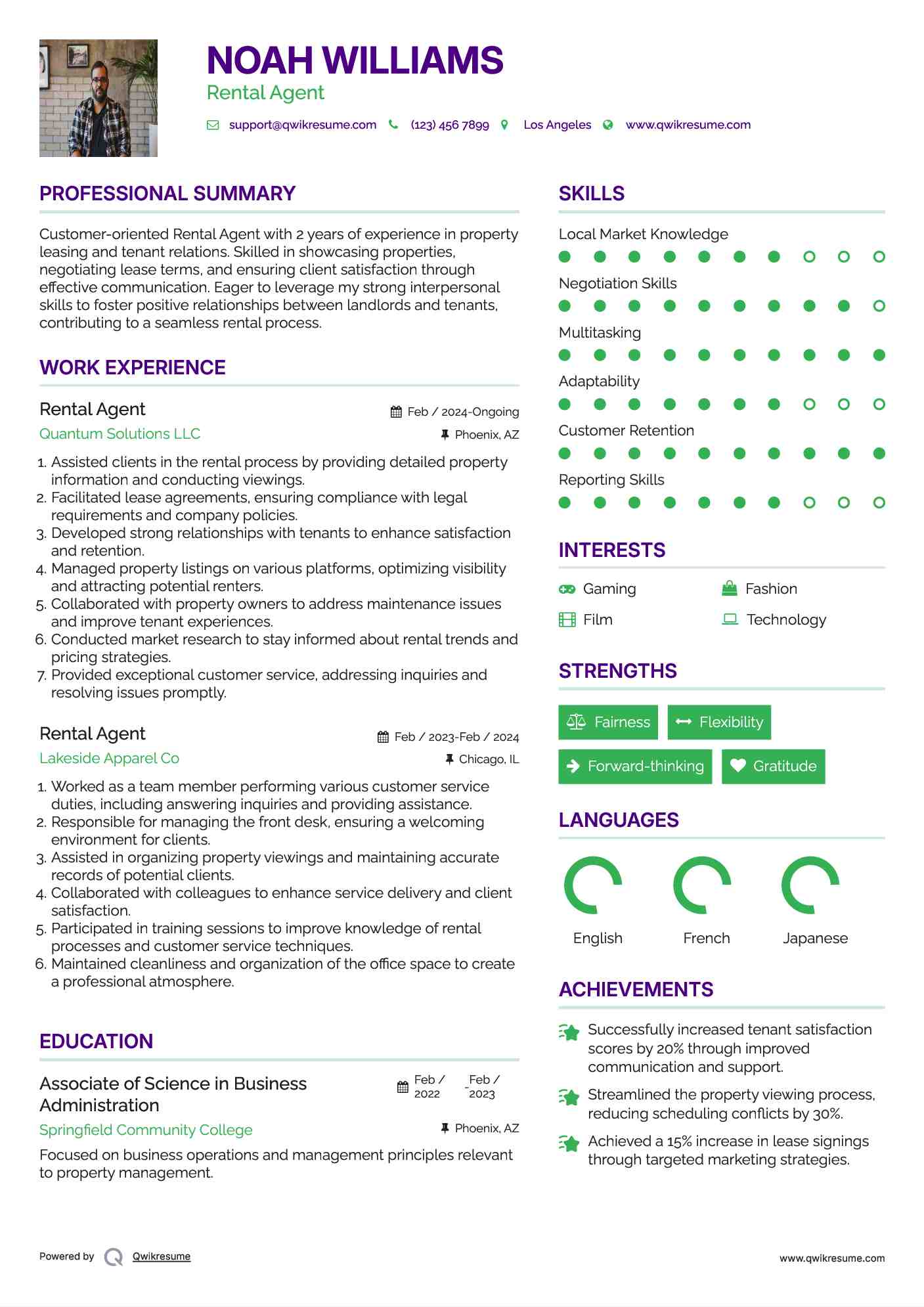 Rental Agent Resume Model