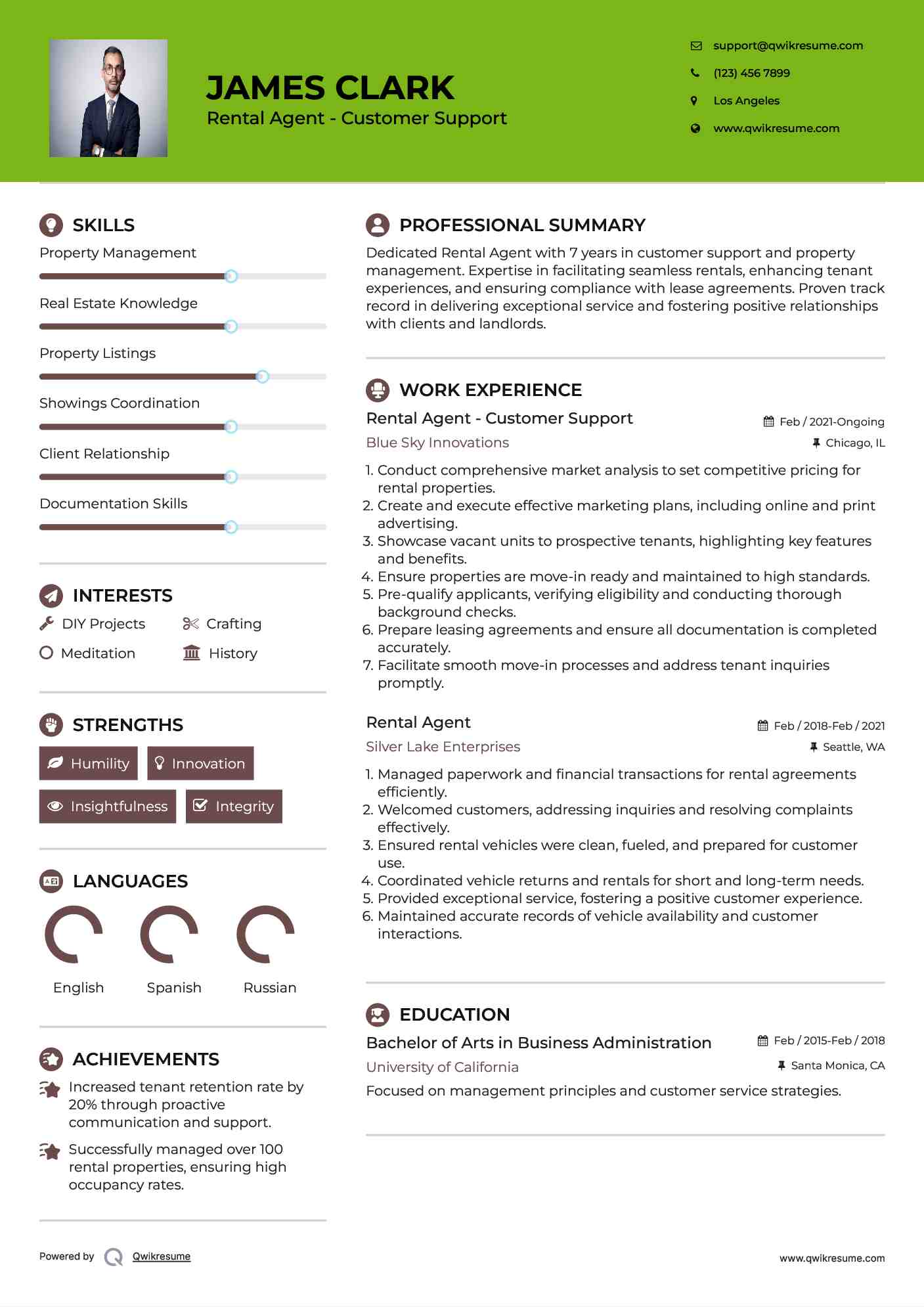 Rental Agent - Customer Support Resume Sample