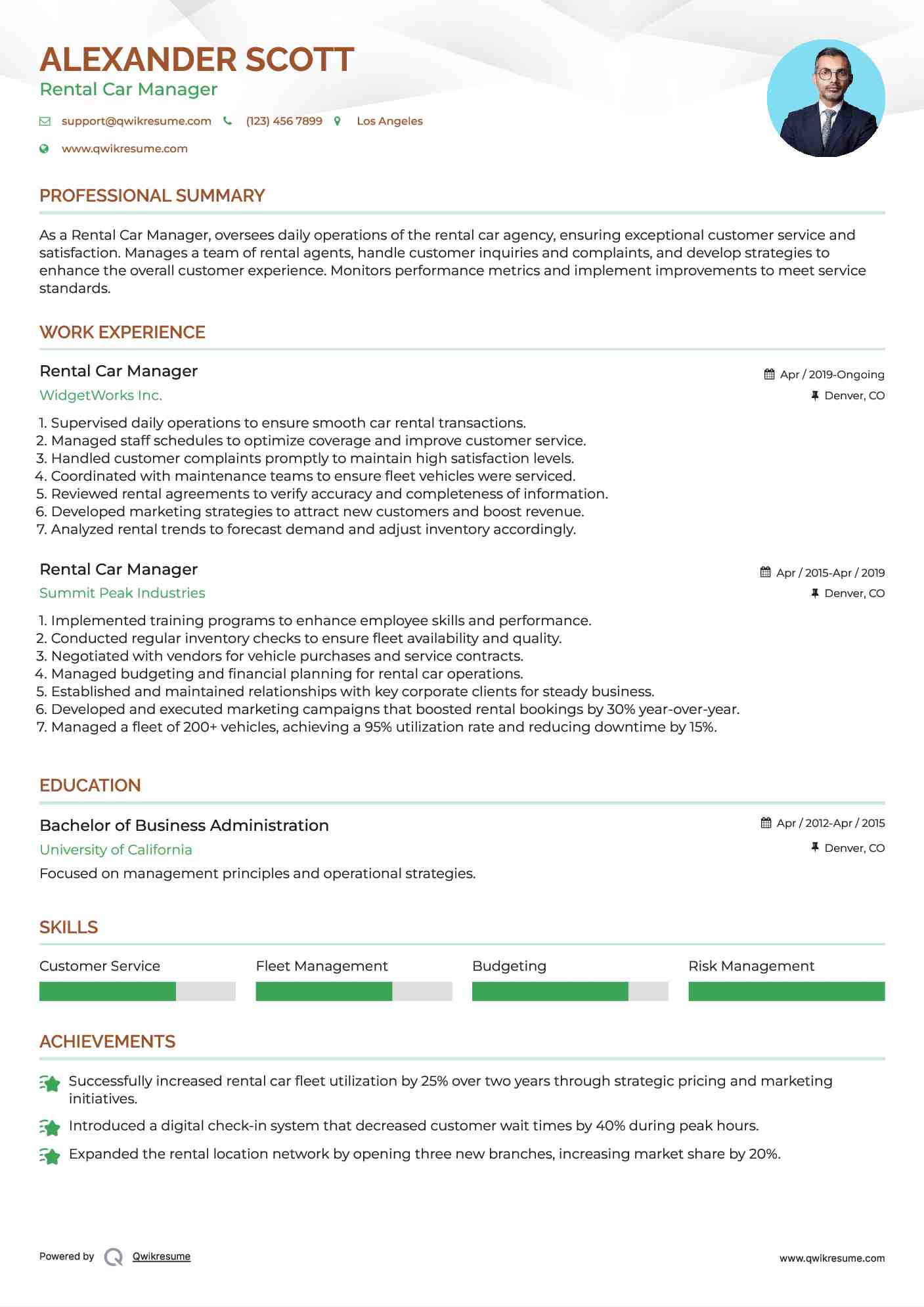 Rental Car Manager Resume Example