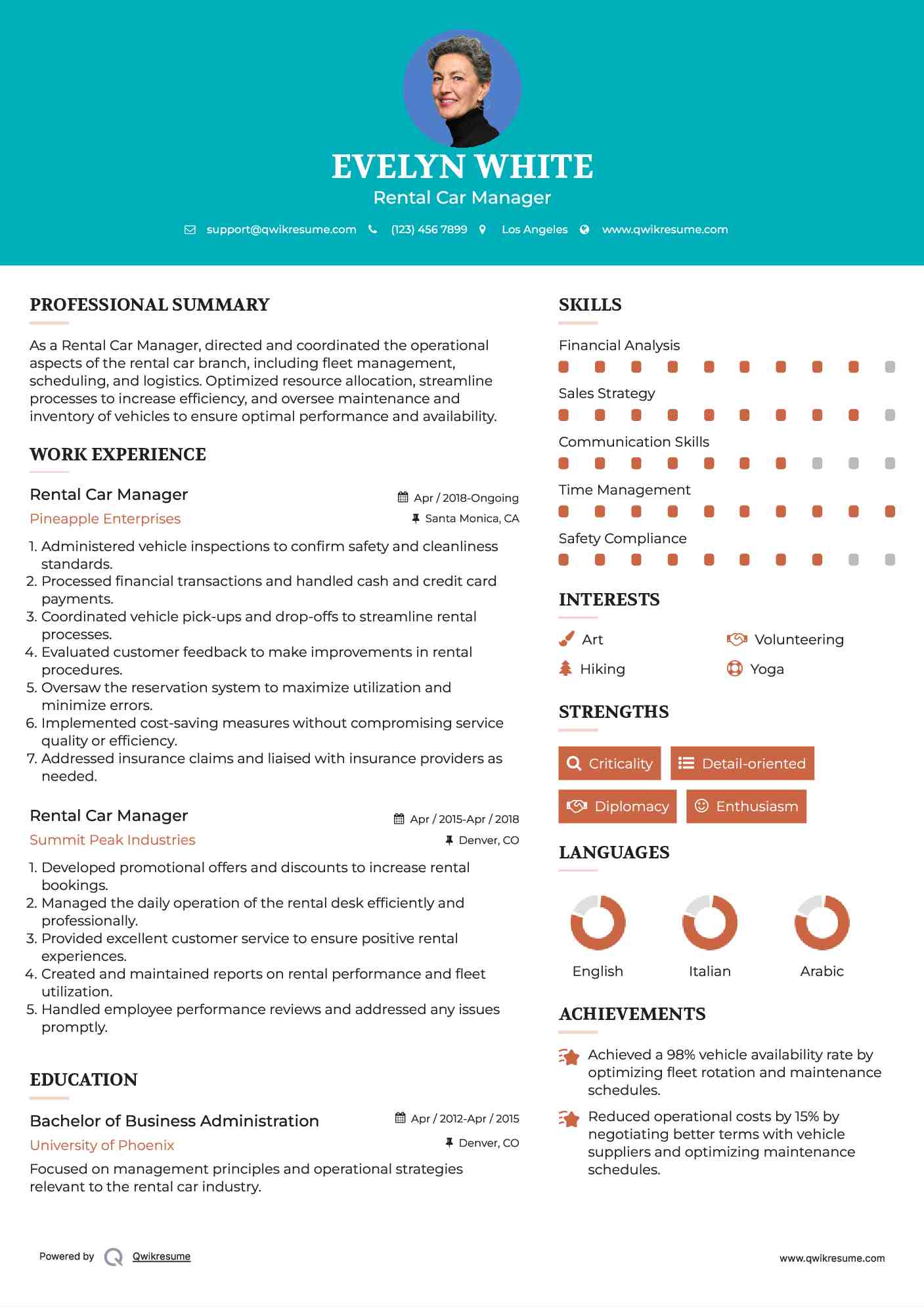 Rental Car Manager Resume Example