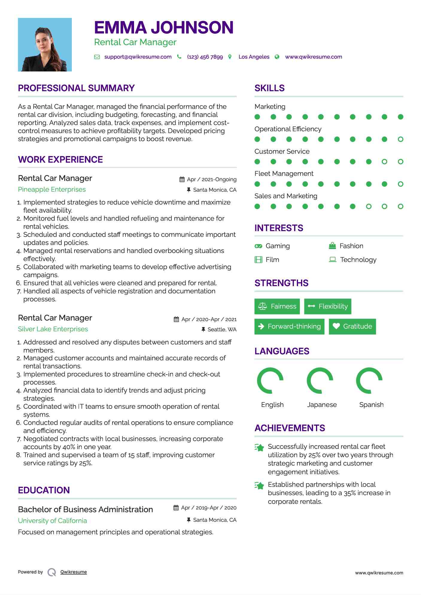 Rental Car Manager Resume Example