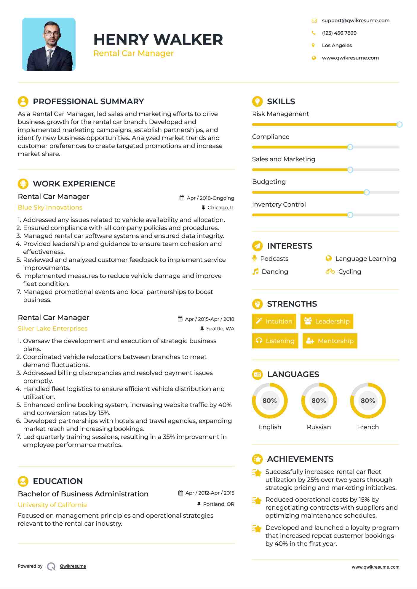 Rental Car Manager Resume Template