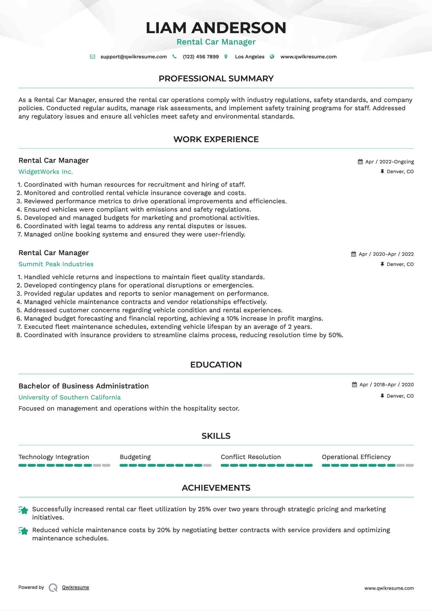 Rental Car Manager Resume Model