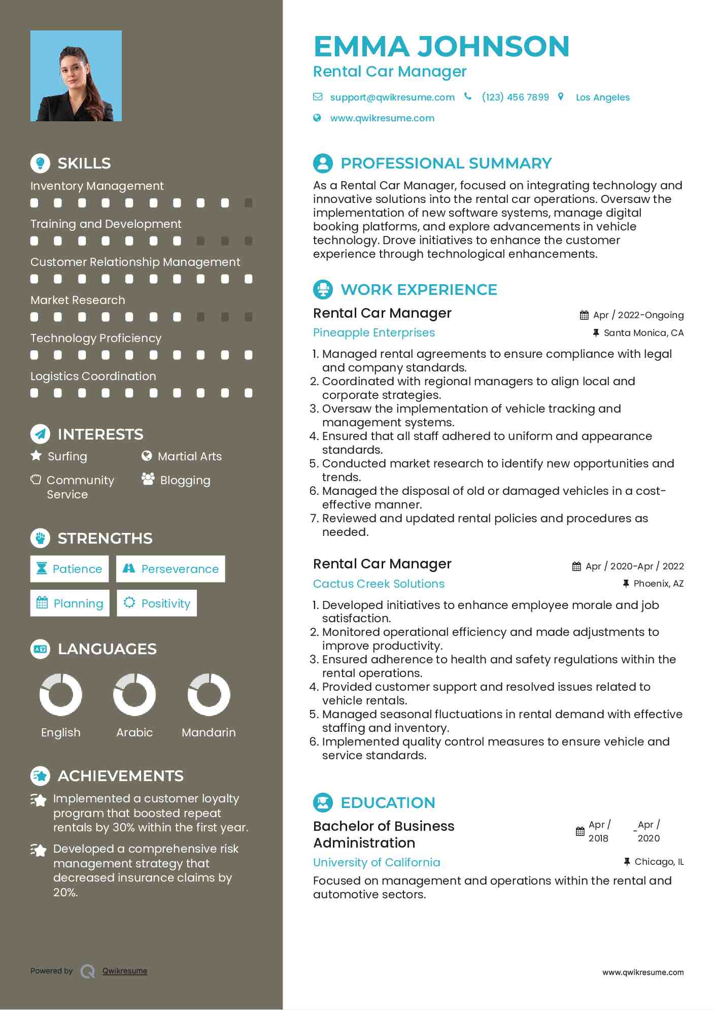 Rental Car Manager Resume Example