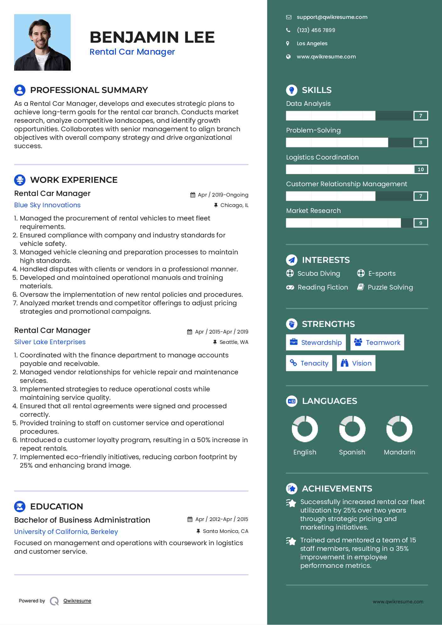 Rental Car Manager Resume Sample