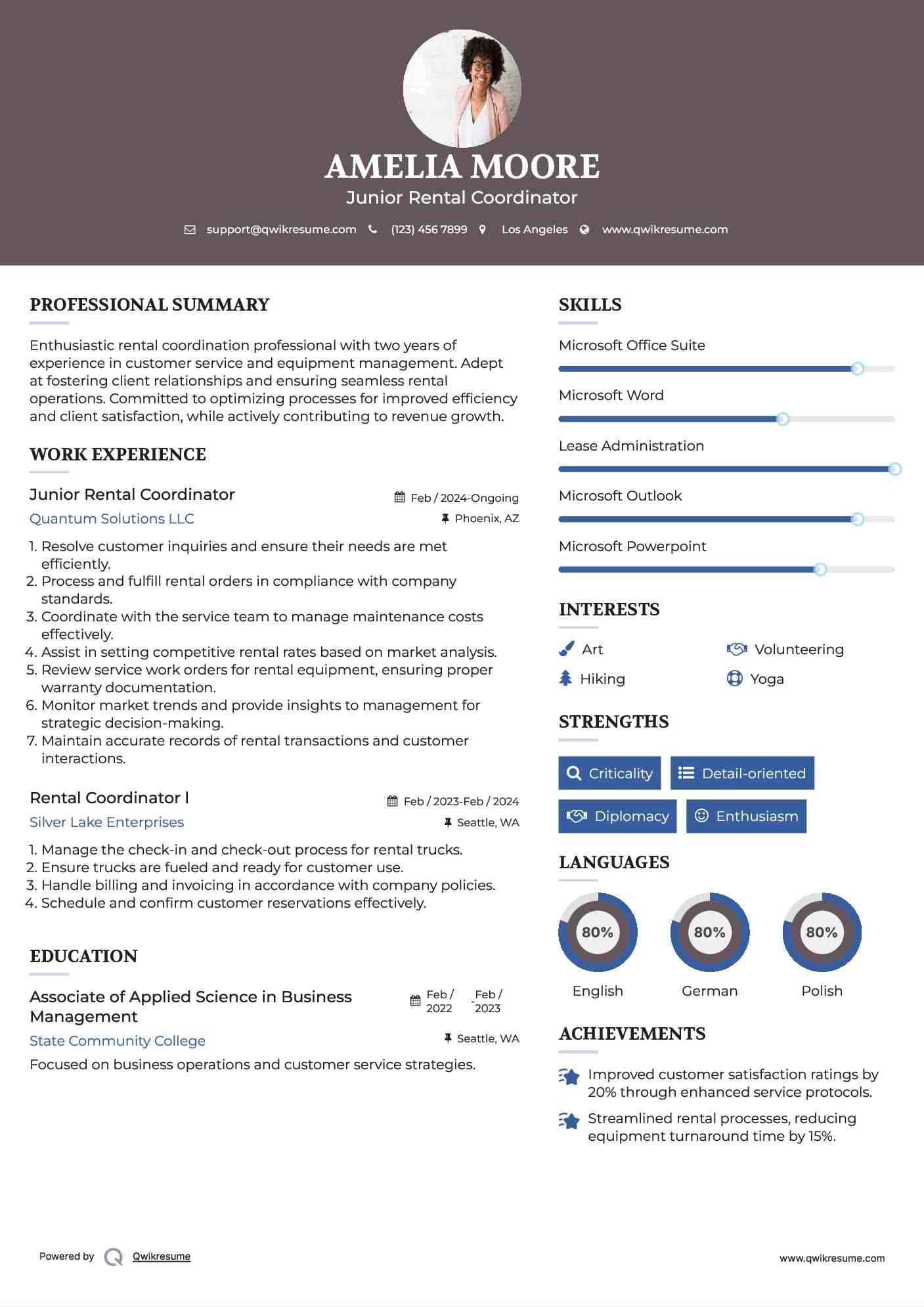 Junior Rental Coordinator Resume Format