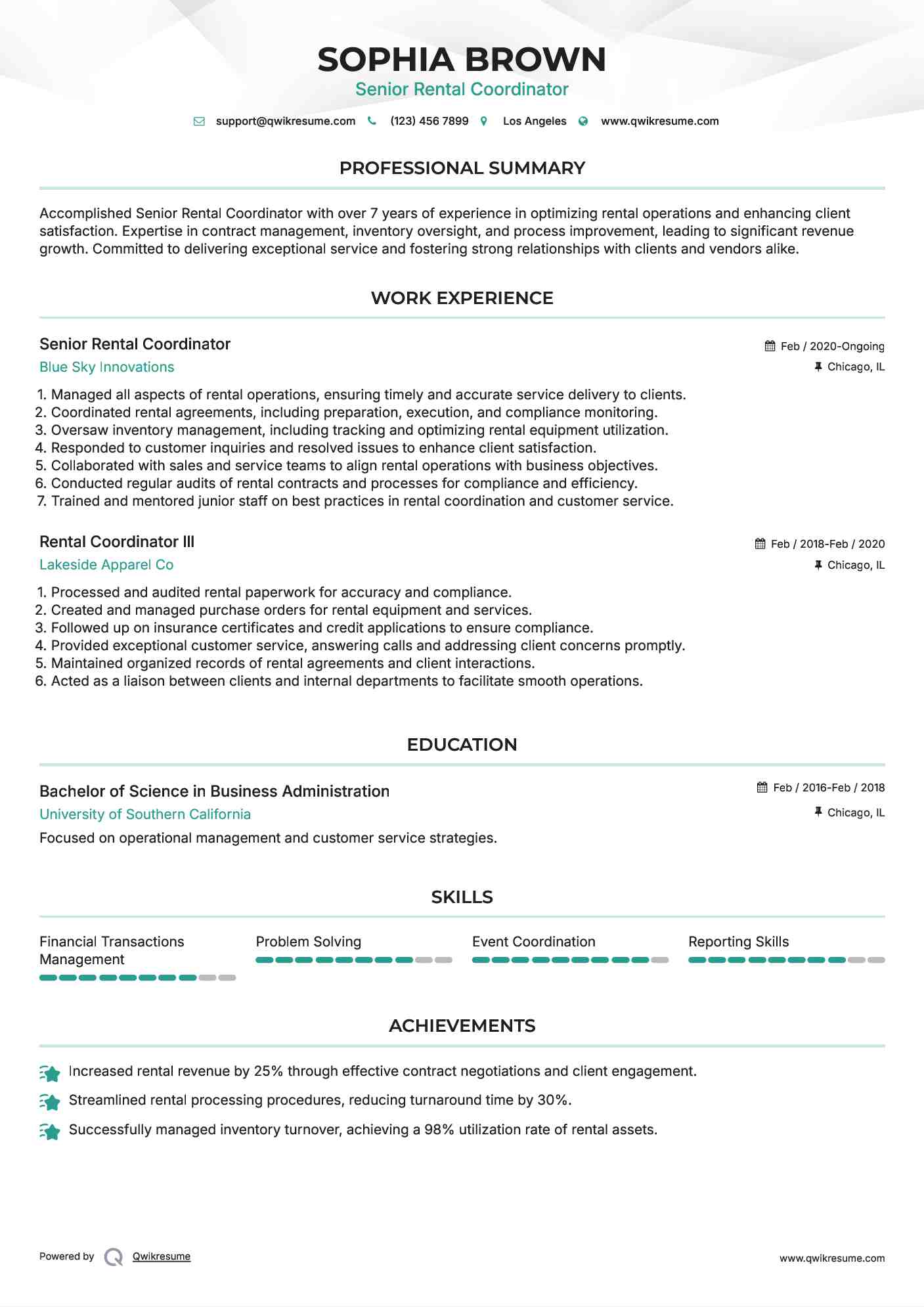 Senior Rental Coordinator Resume Example