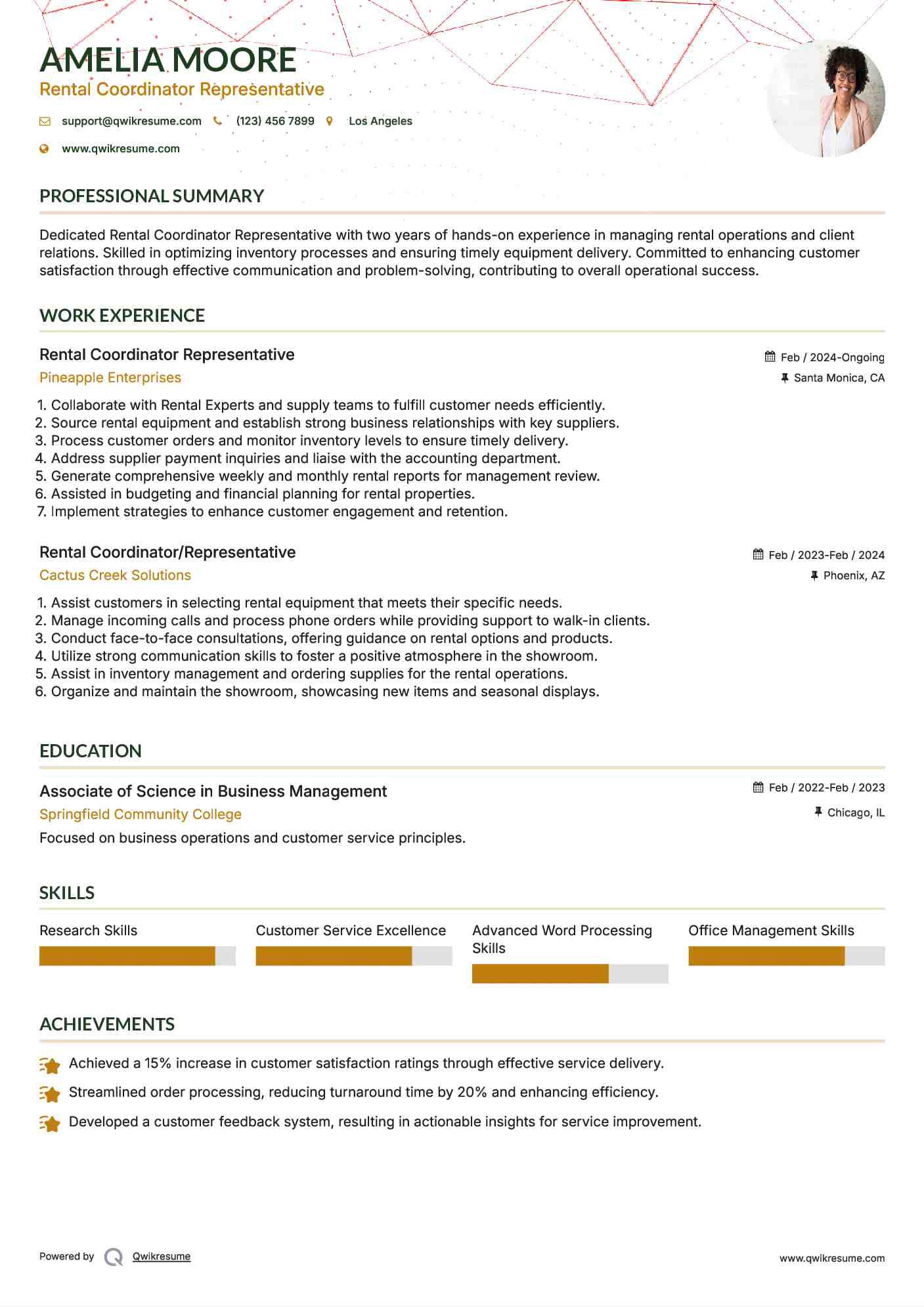 Rental Coordinator Representative Resume Example