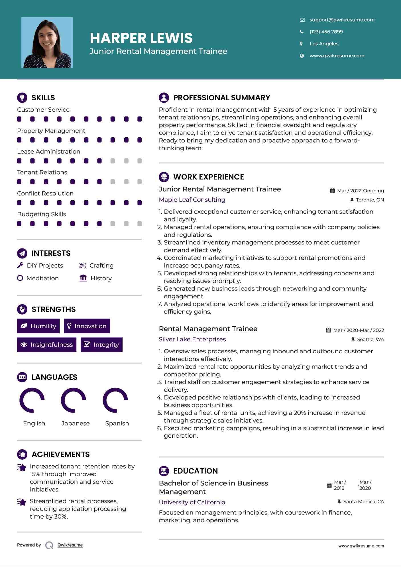 Junior Rental Management Trainee Resume Template