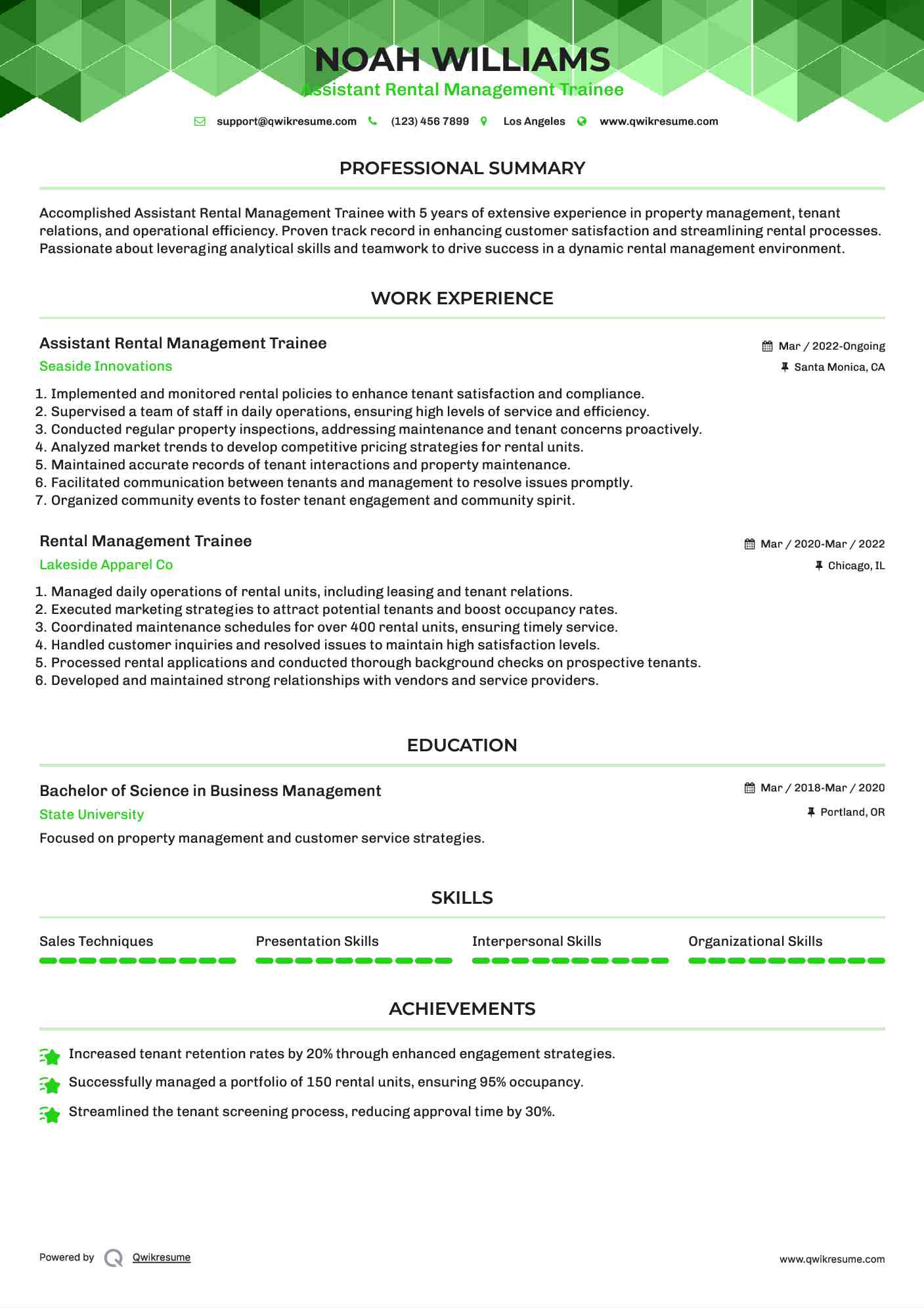 Assistant Rental Management Trainee Resume Format