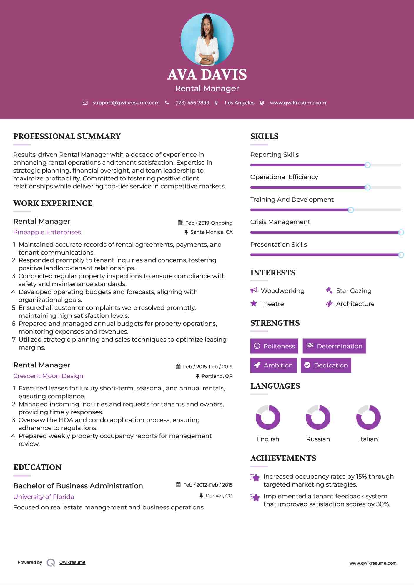 Rental Manager Resume Sample