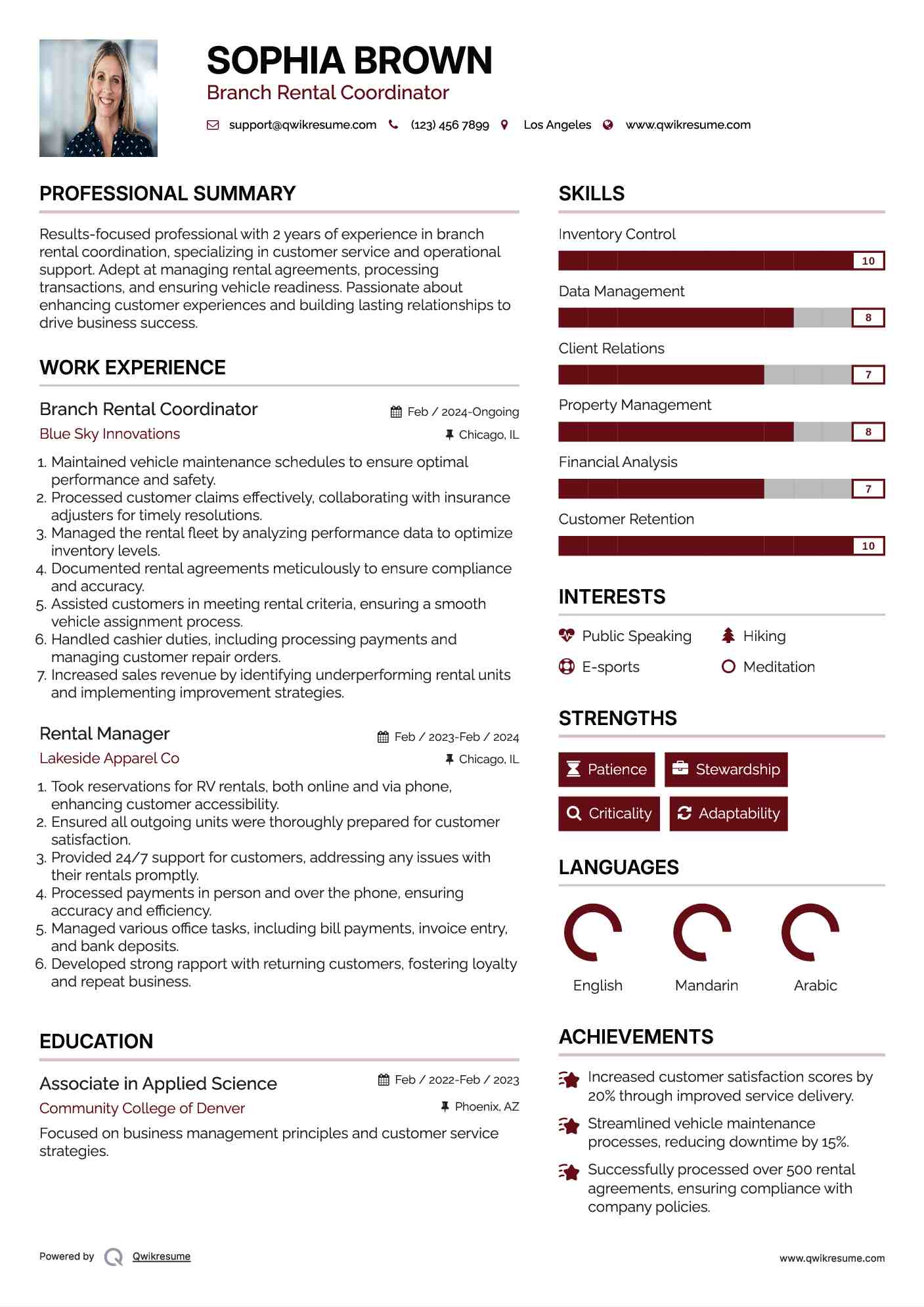 Branch Rental Coordinator Resume Template
