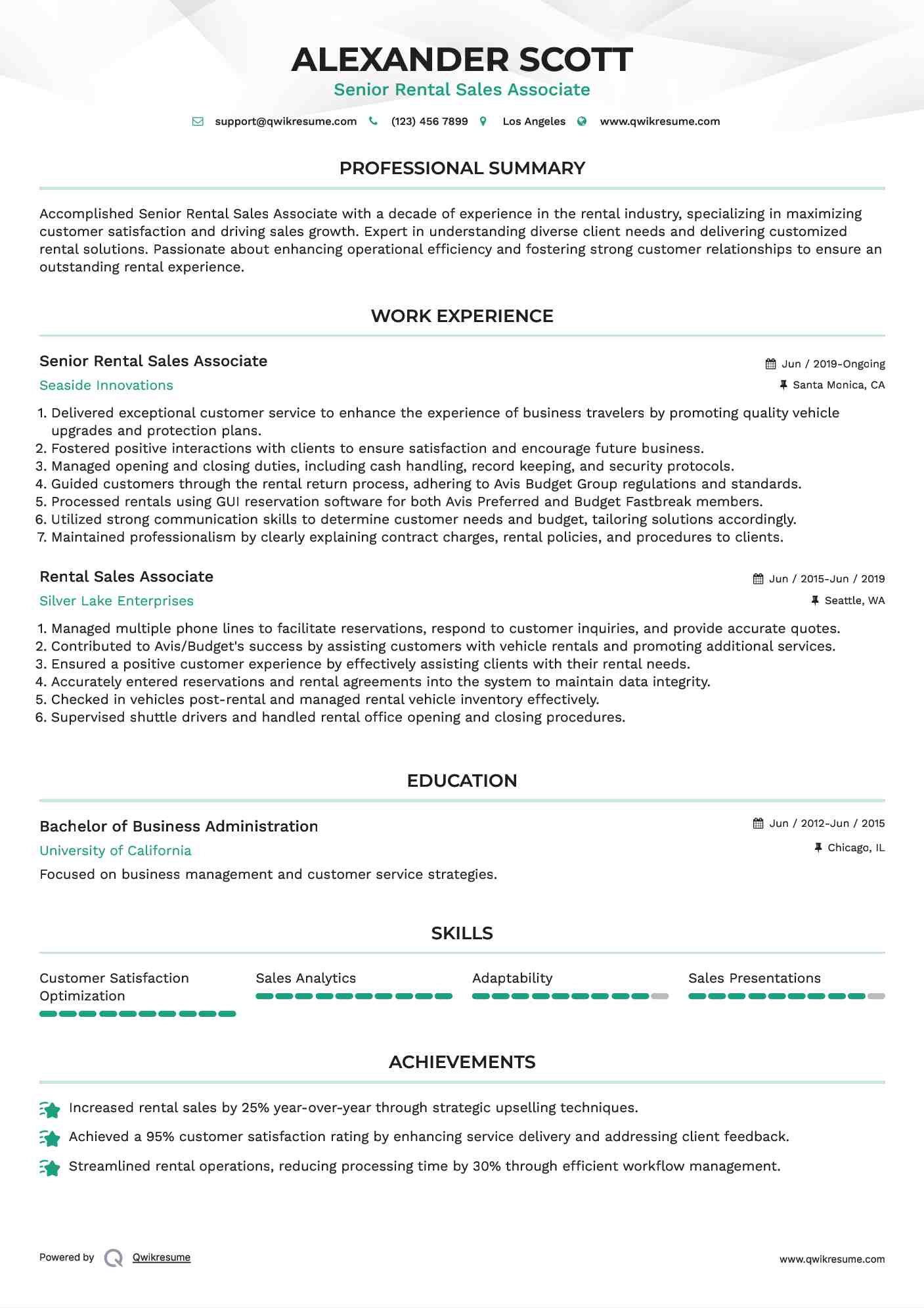 Senior Rental Sales Associate Resume Format