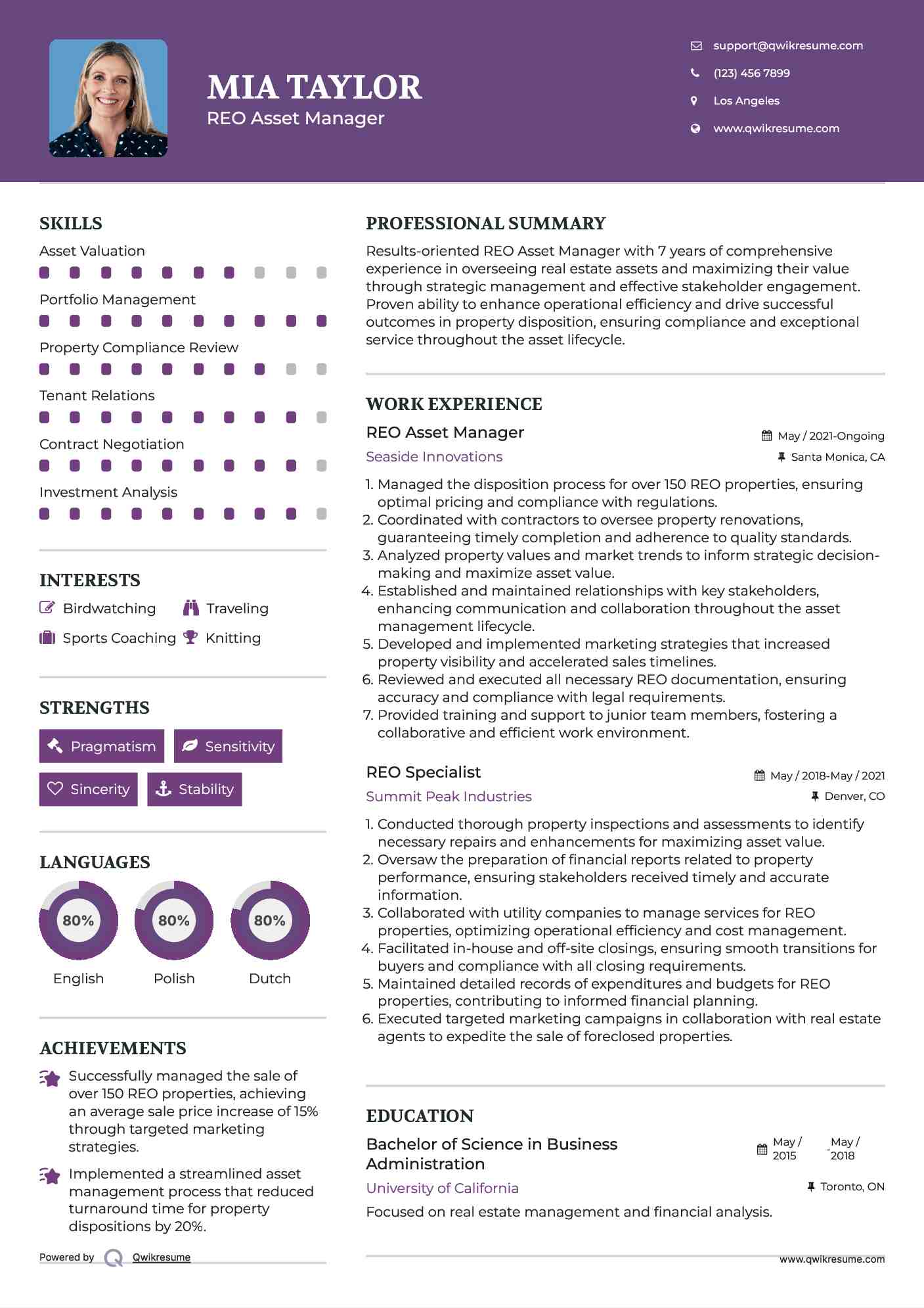 REO Asset Manager Resume Sample