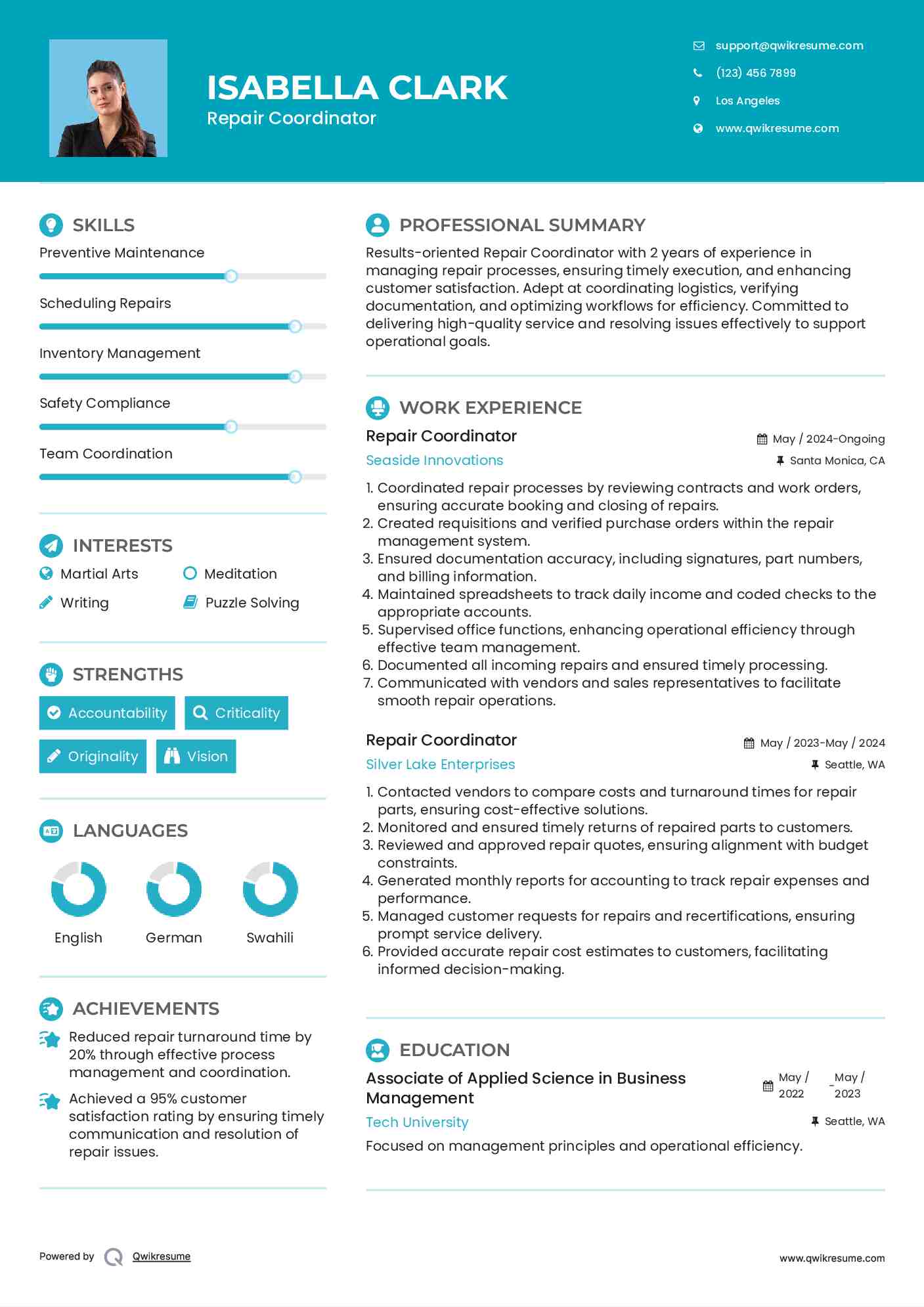 Repair Coordinator Resume Example