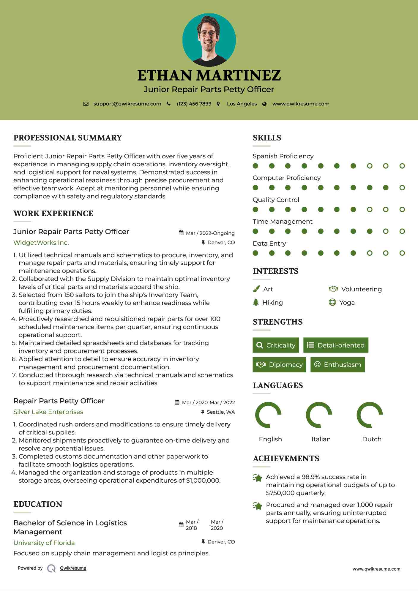 Junior Repair Parts Petty Officer Resume Model