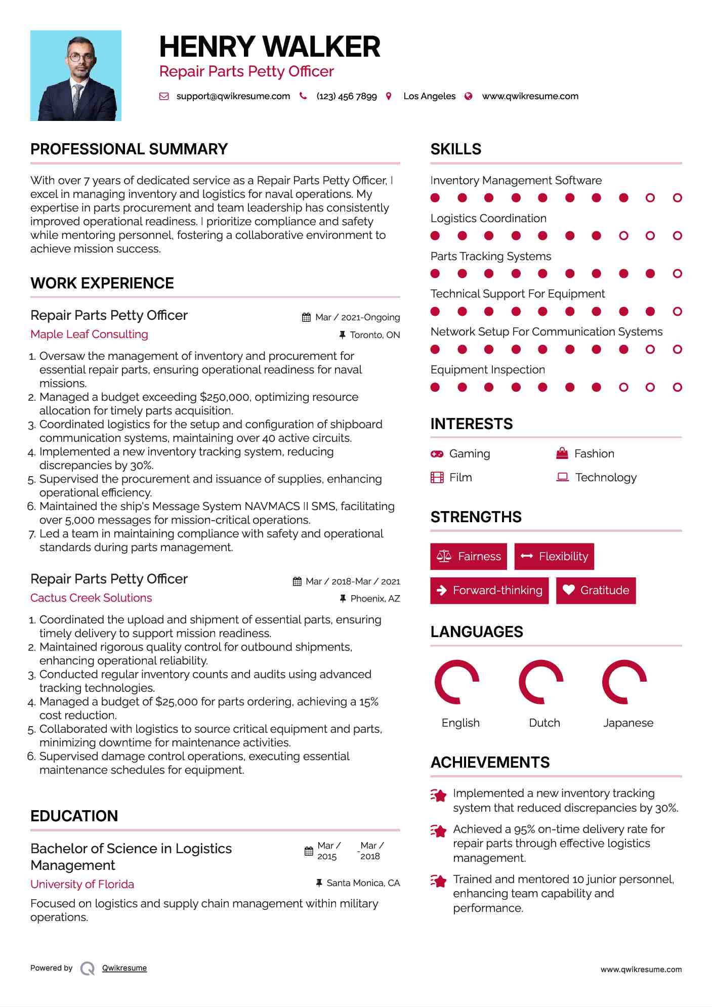 Repair Parts Petty Officer Resume Sample
