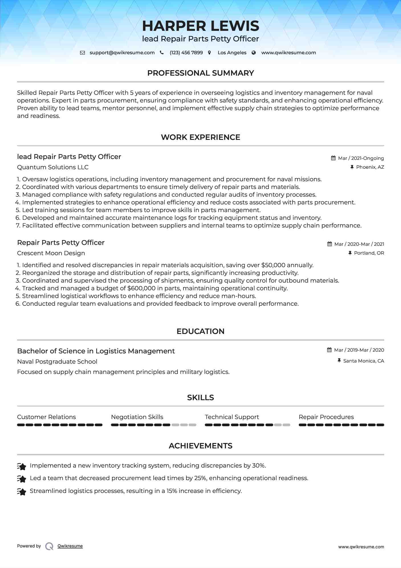lead Repair Parts Petty Officer Resume Template