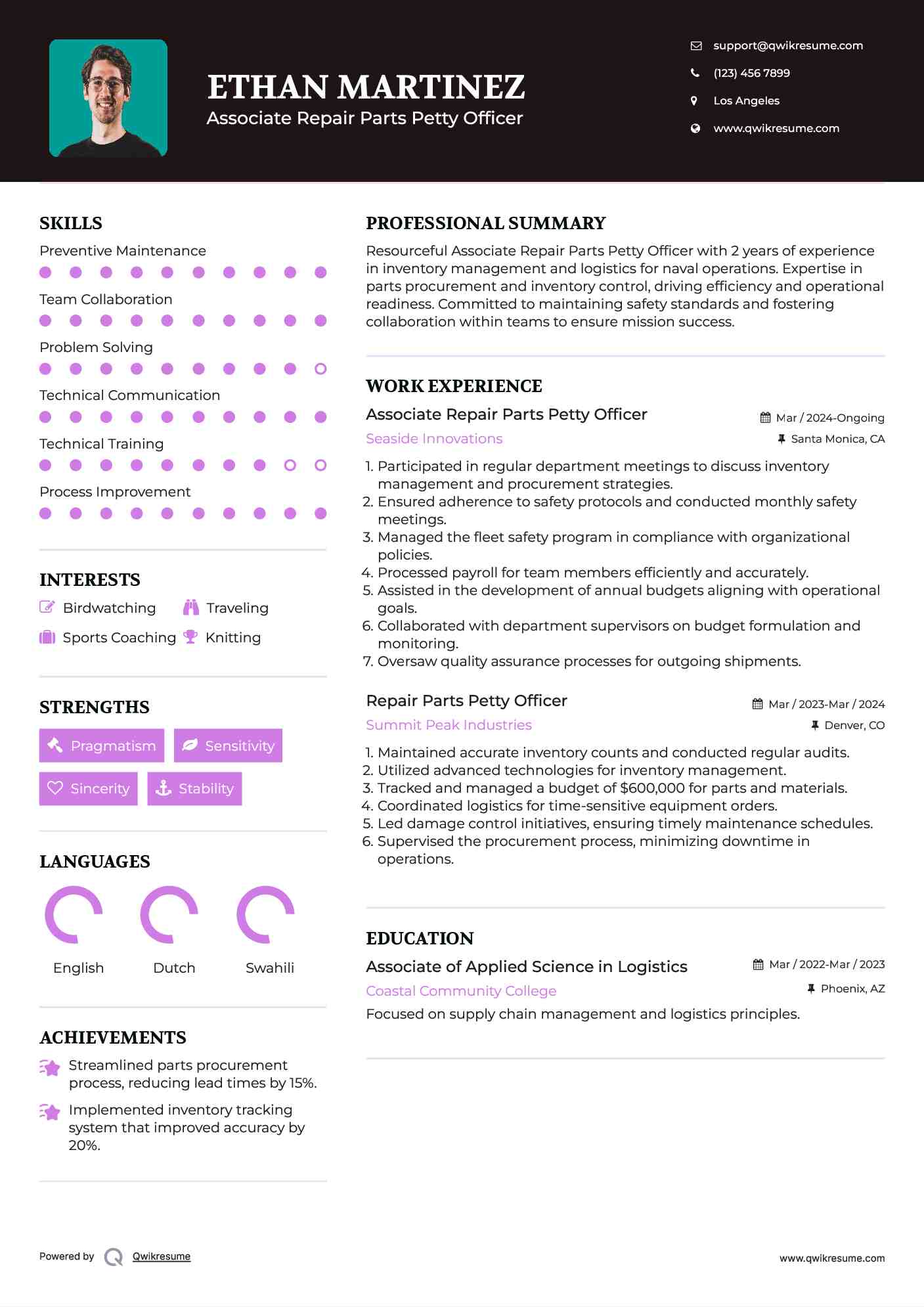 Associate Repair Parts Petty Officer Resume Format