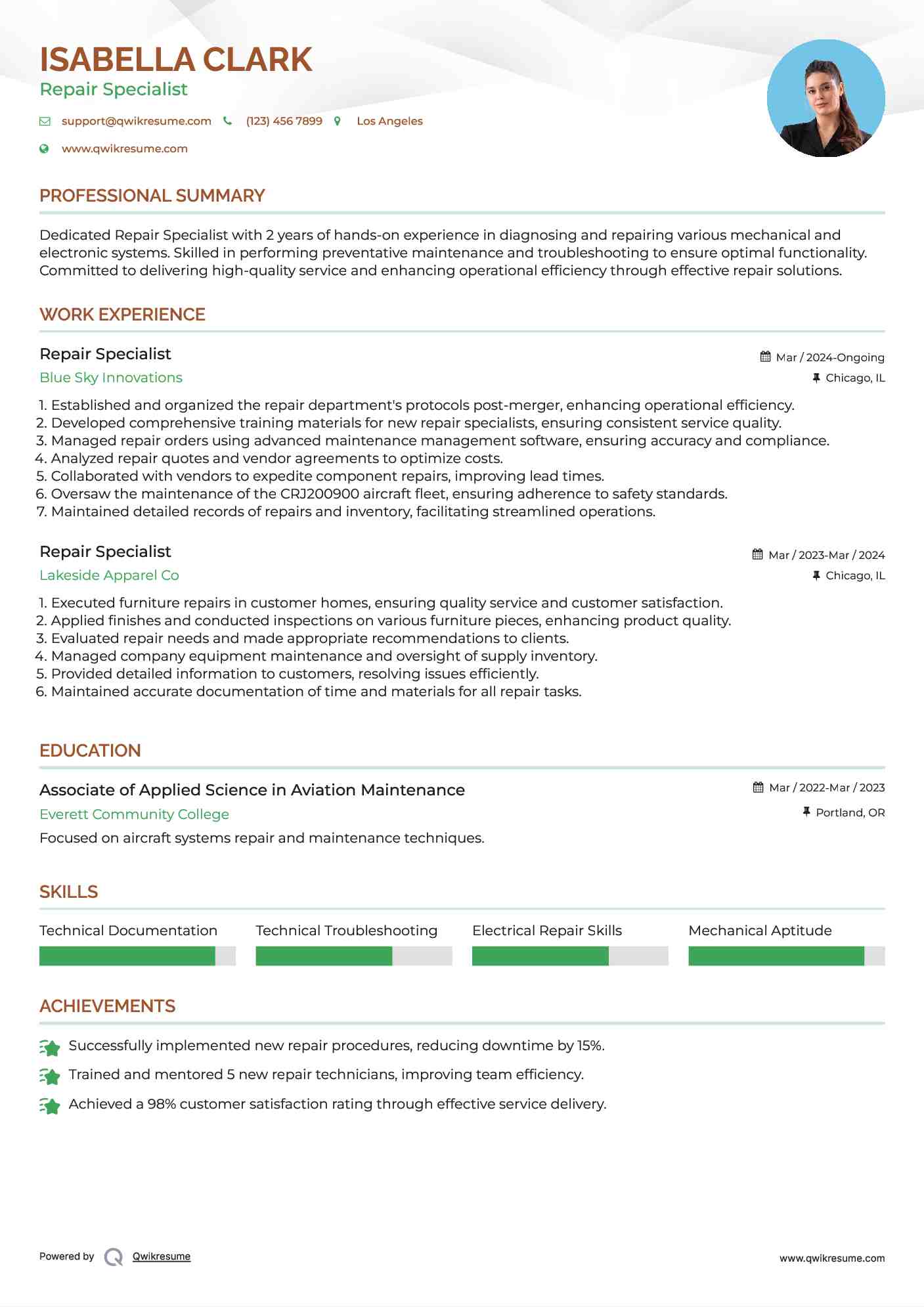 Repair Specialist Resume Format