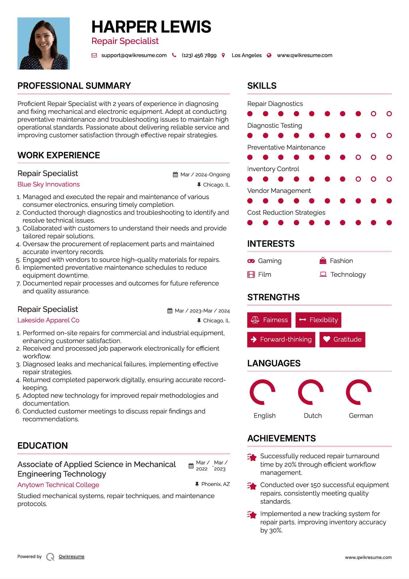 Repair Specialist Resume Format