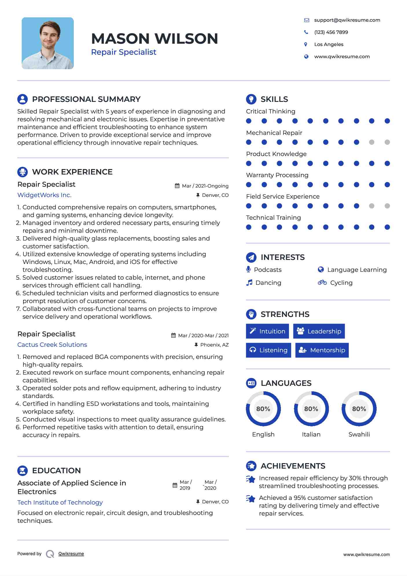 Repair Specialist Resume Format