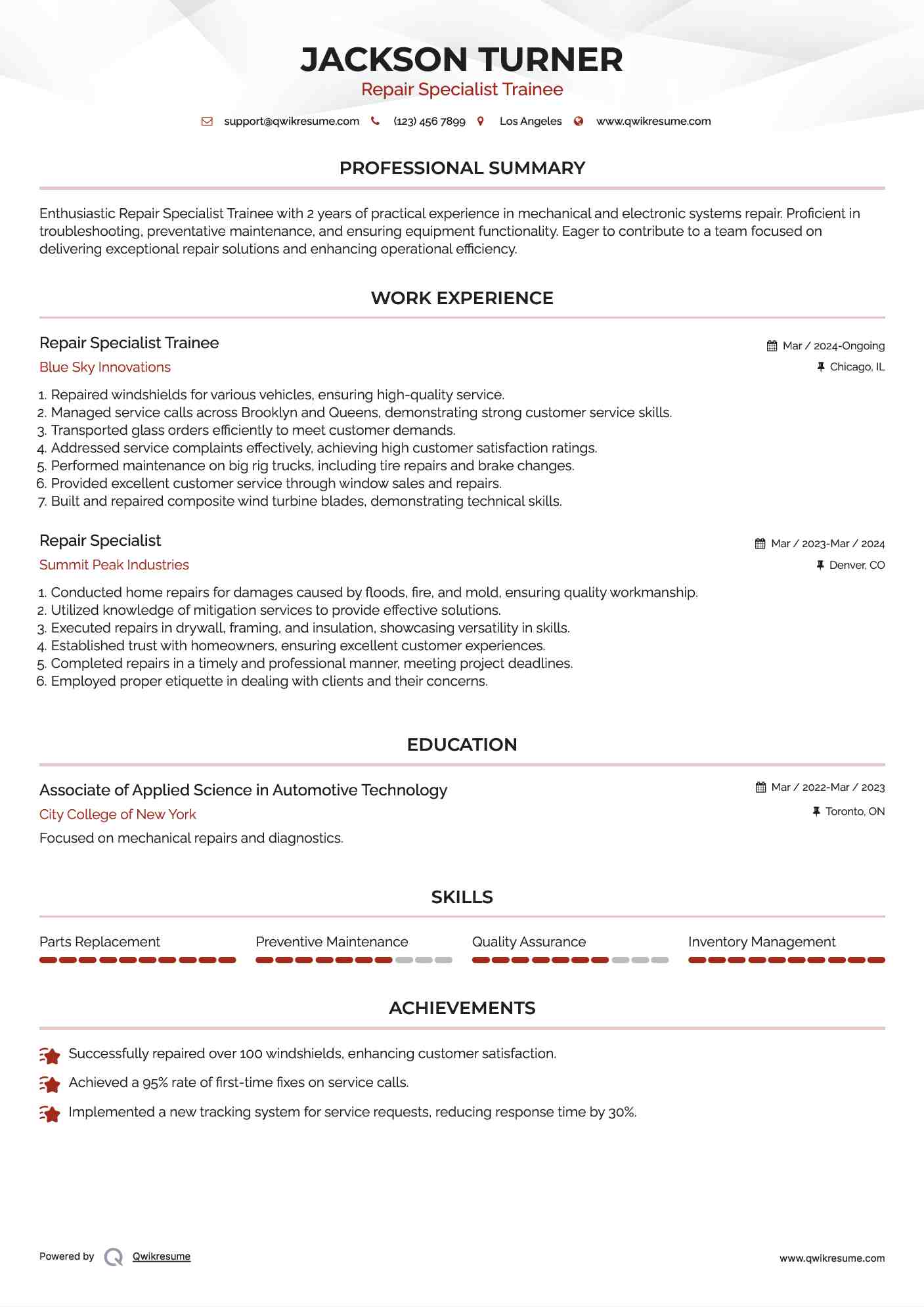 Repair Specialist Trainee Resume Format