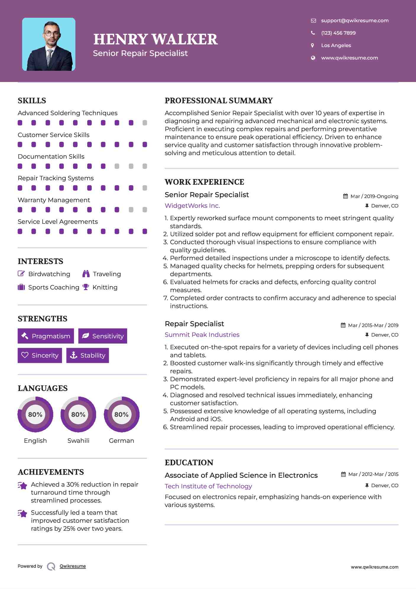 Senior Repair Specialist Resume Format