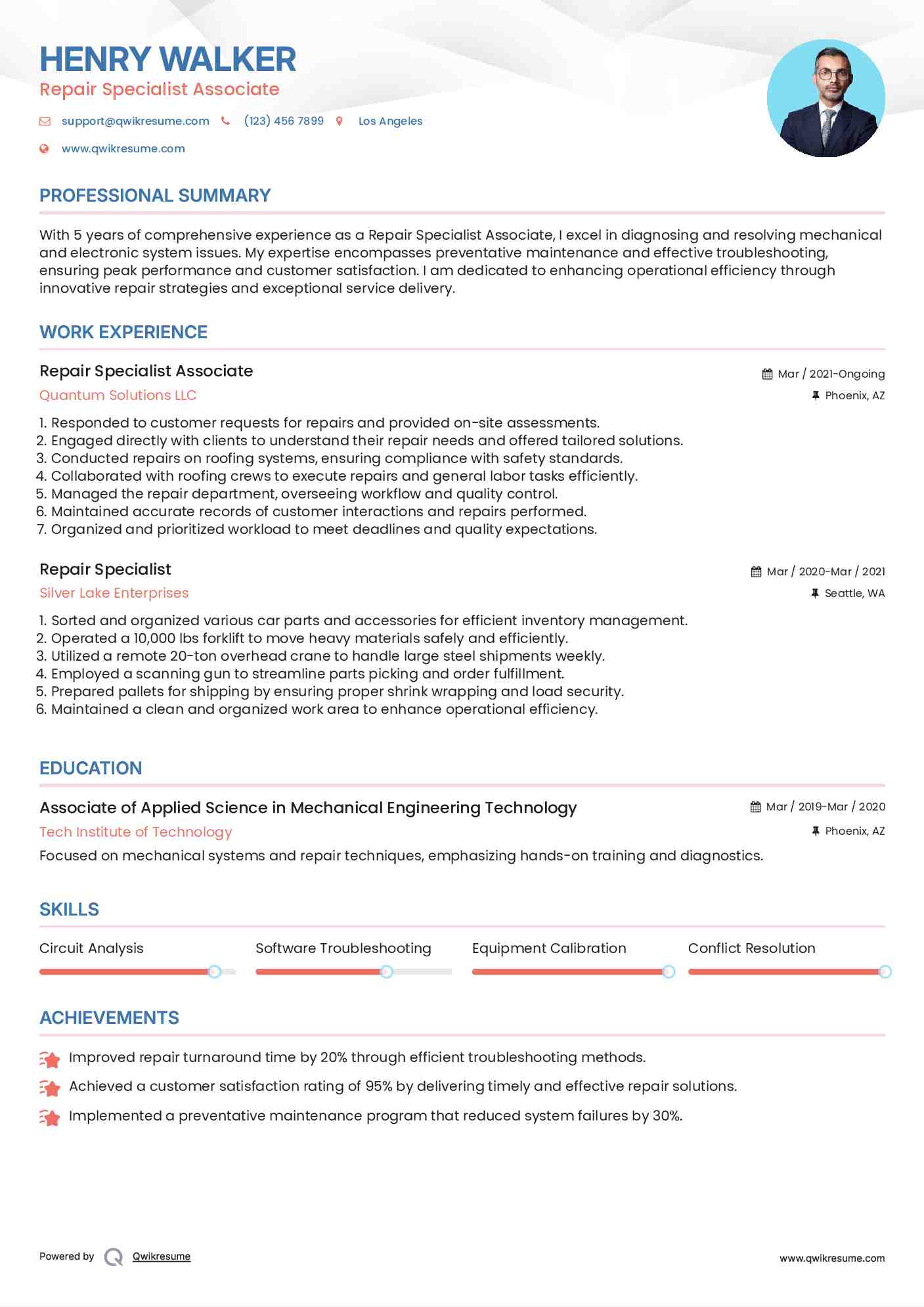 Repair Specialist Associate Resume Template