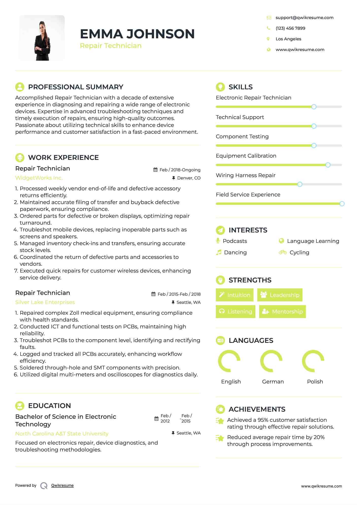 resume for repair technician