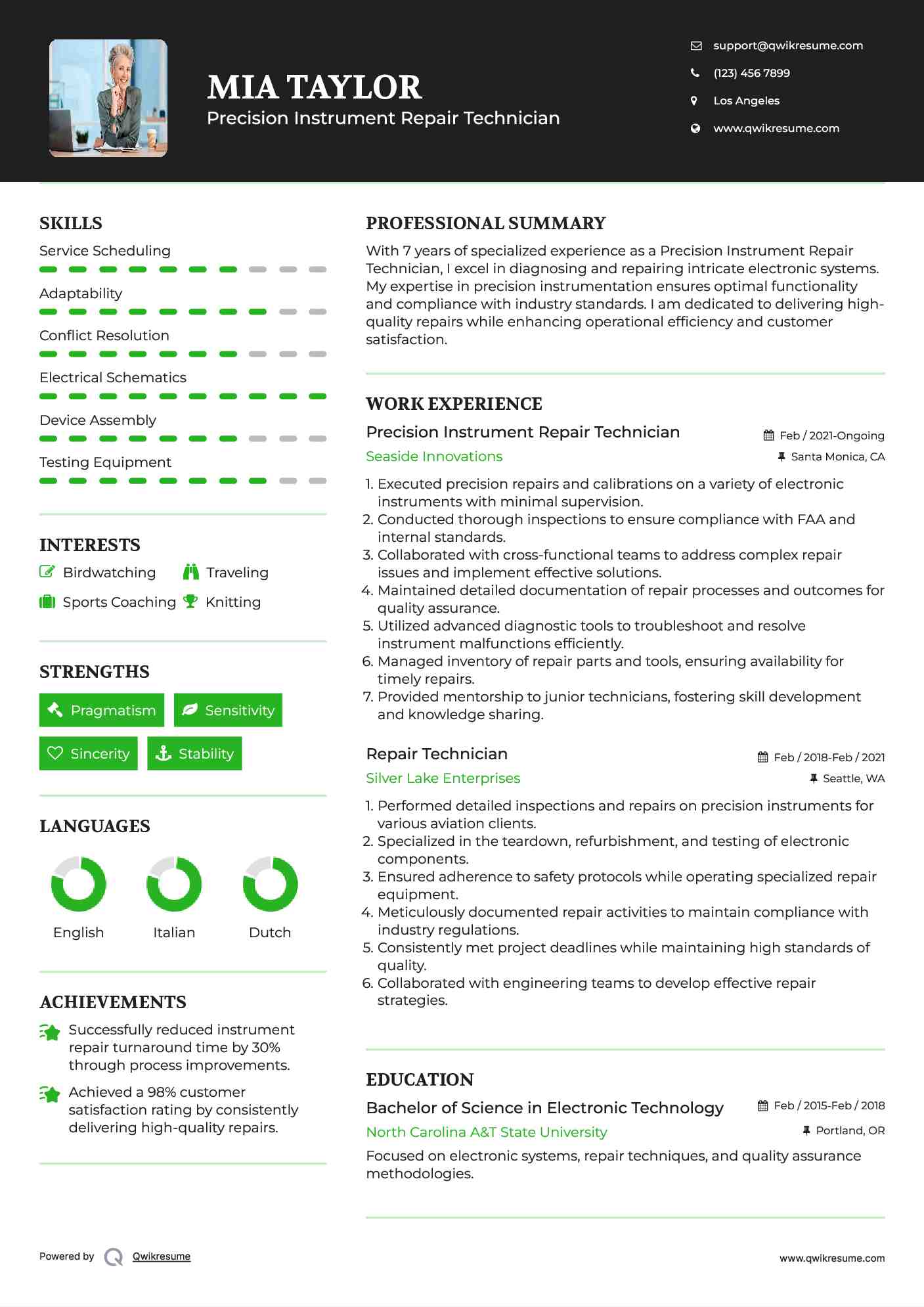 Precision Instrument Repair Technician Resume Template