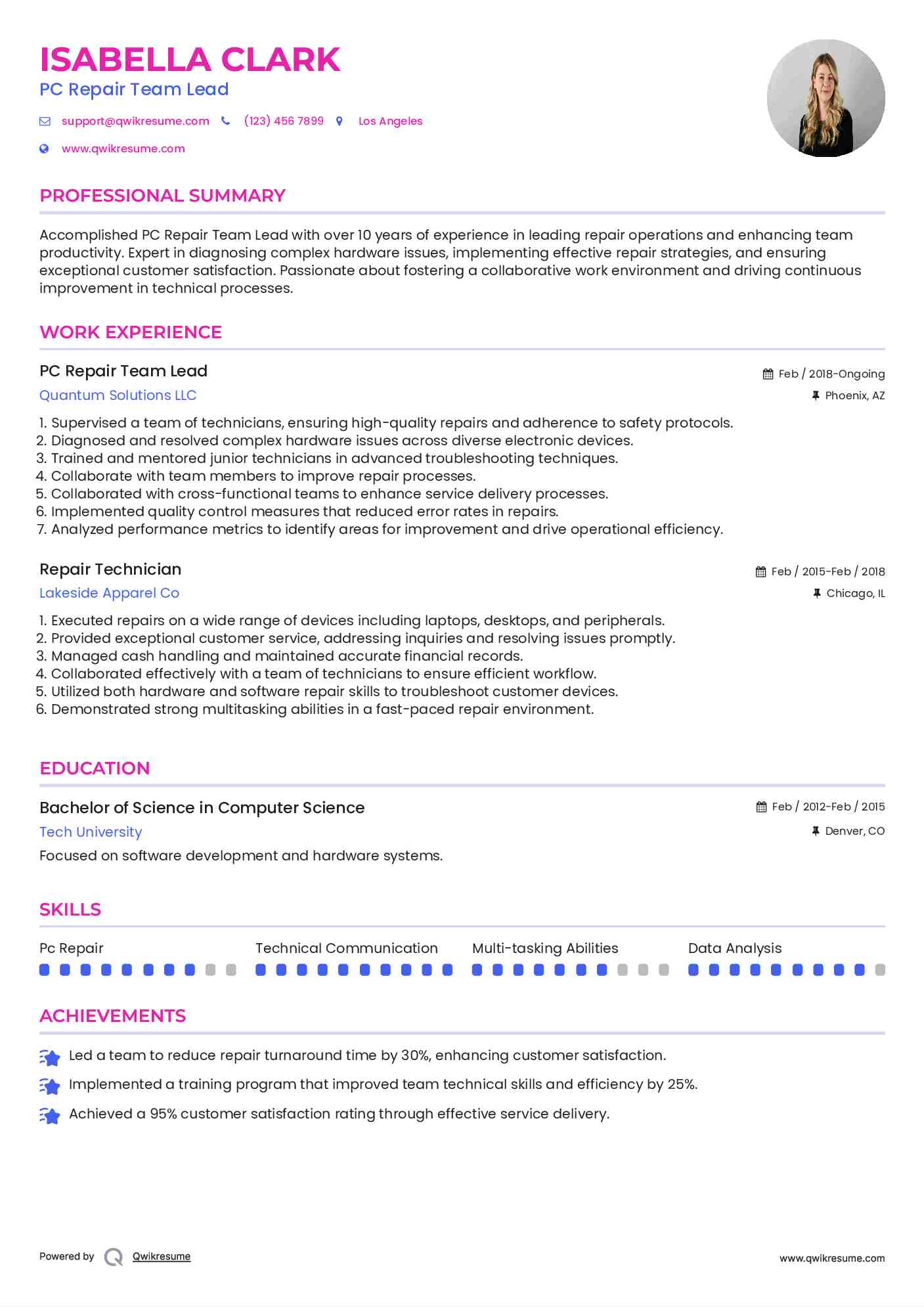 PC Repair Team Lead Resume Template