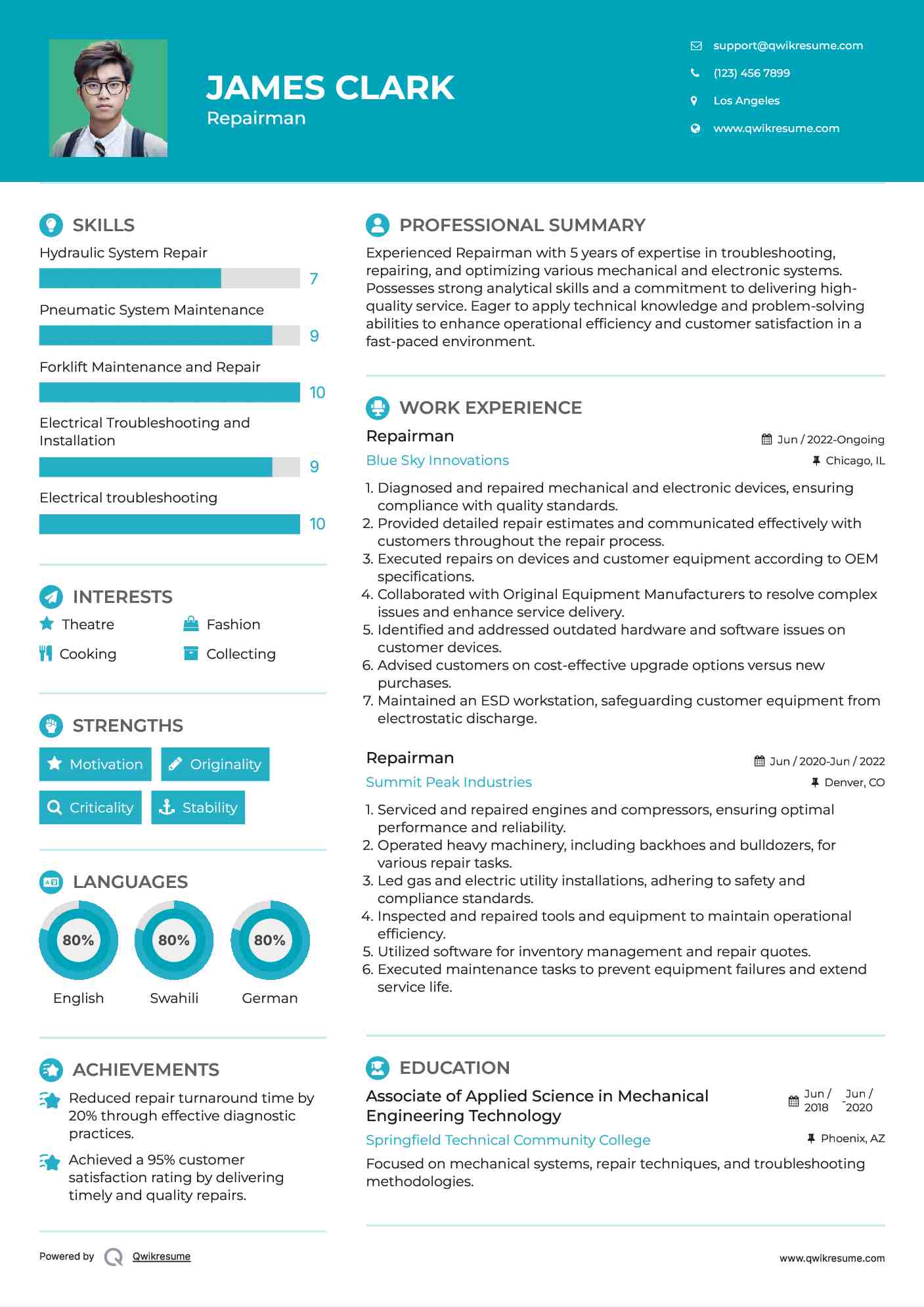 Repairman Resume Sample