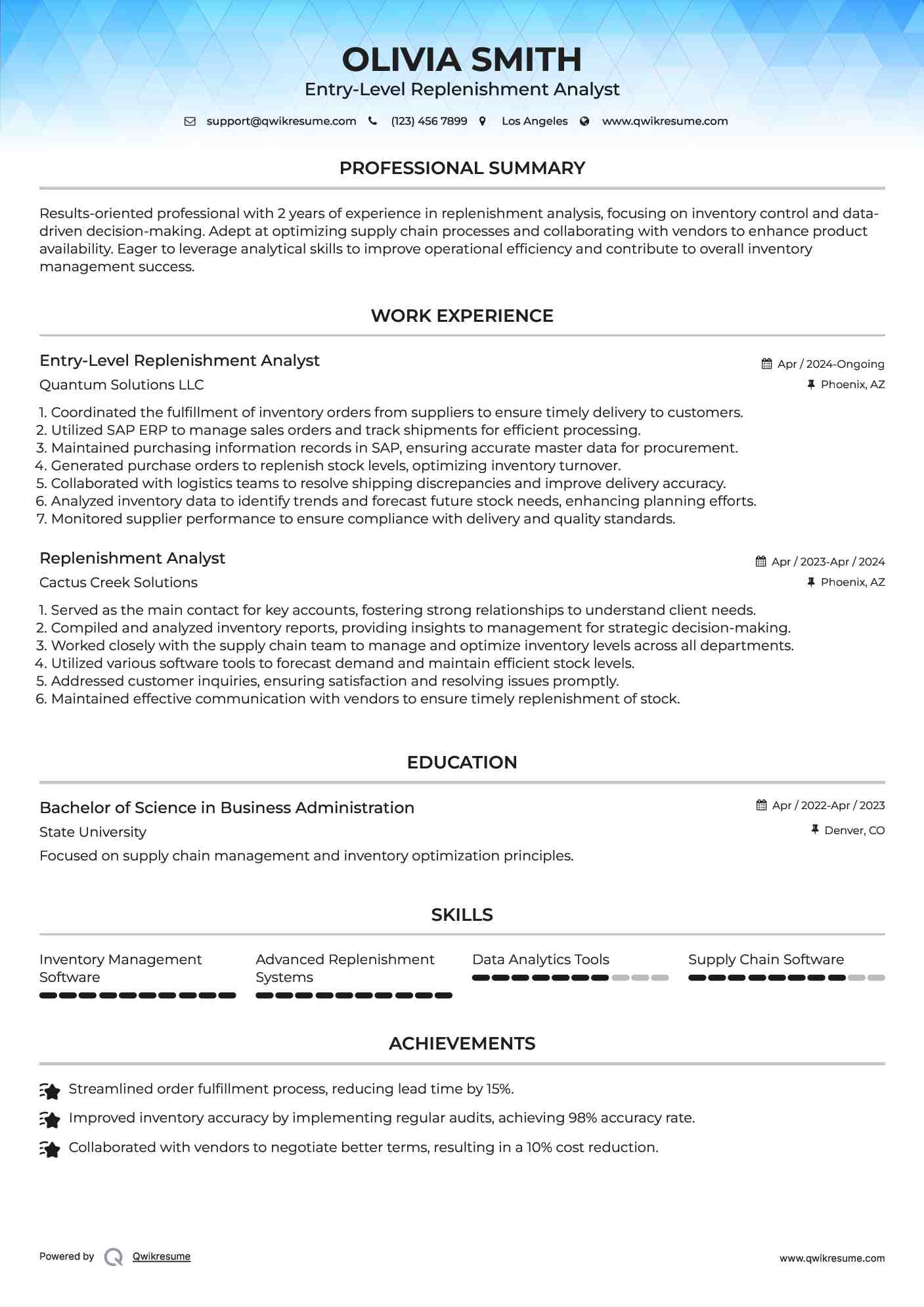 Entry-Level Replenishment Analyst Resume Template