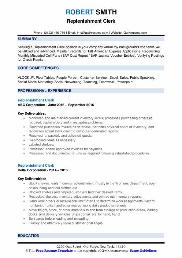 Replenishment Clerk Resume Samples QwikResume