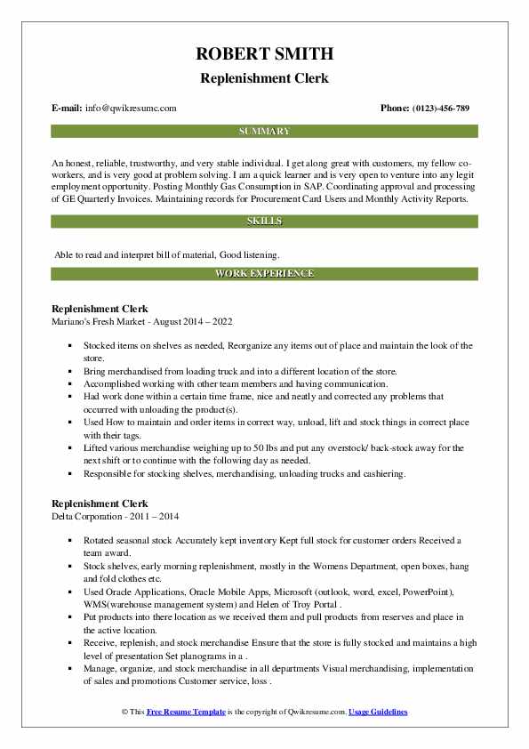Replenishment Clerk Resume Samples QwikResume