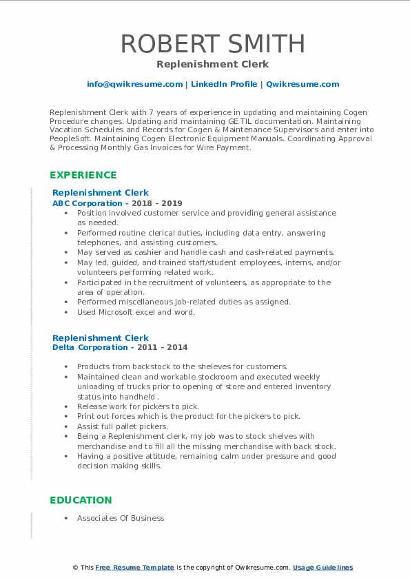 Replenishment Clerk Resume Samples QwikResume