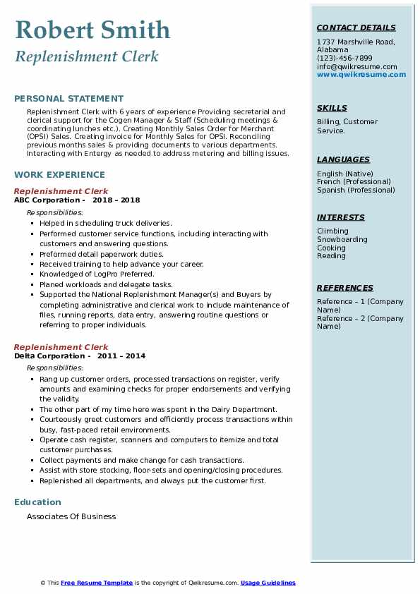 Replenishment Clerk Resume Samples QwikResume