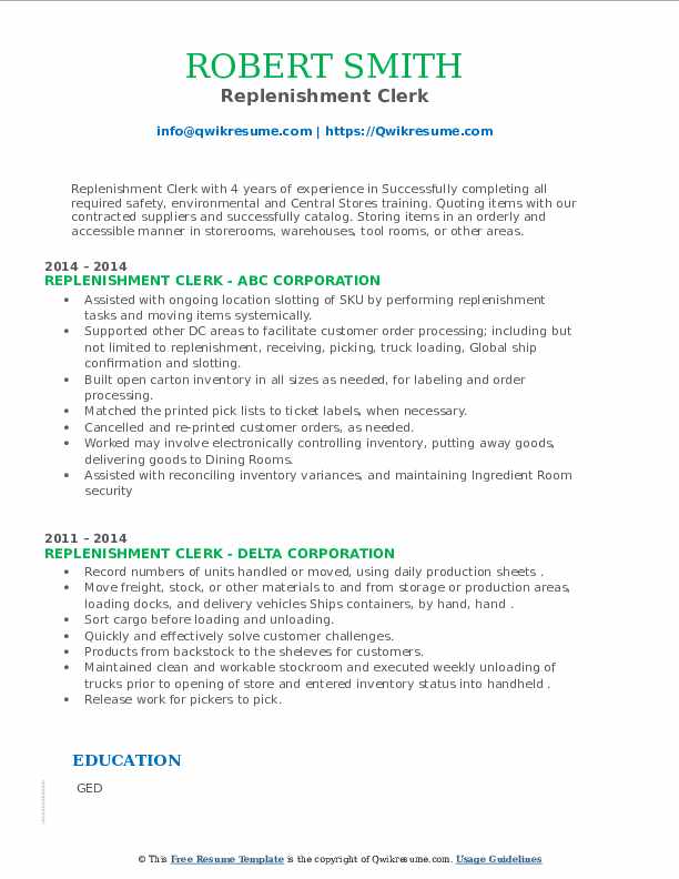 Replenishment Clerk Resume Samples QwikResume