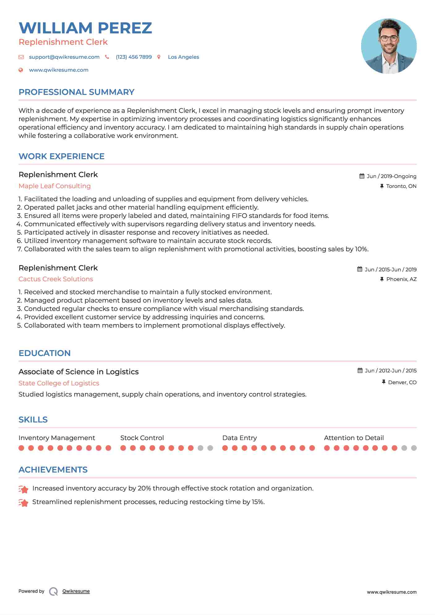 Replenishment Clerk Resume Template
